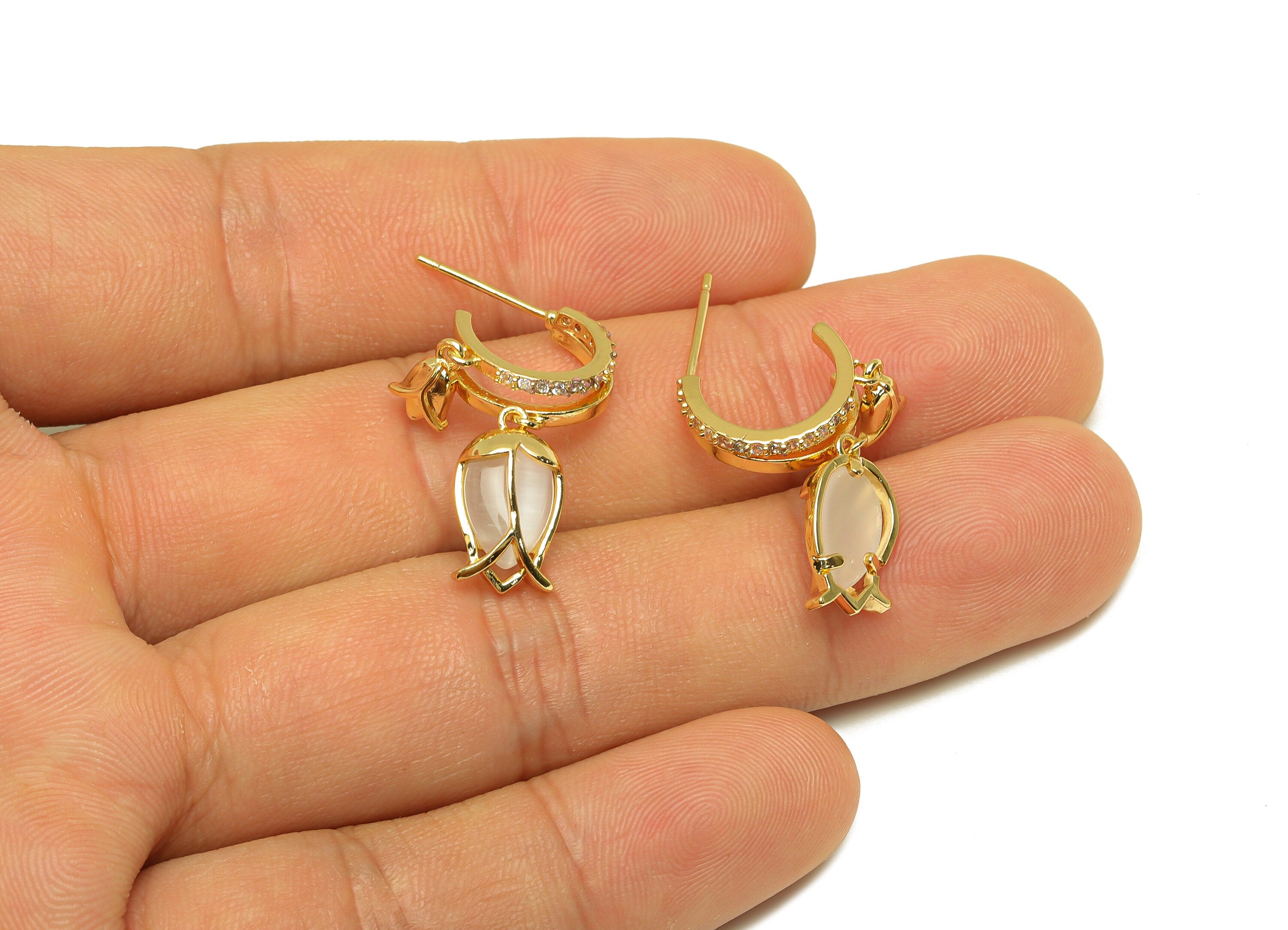 Brass CZ Hoop Earring Stud - Brass Cubic Zircon Post - Brass Dangle Tulip Earring Post - 18K Real Gold Plating - 27.3x7.9x13.45mm - RGP7087 - DOMEDBAZAAR