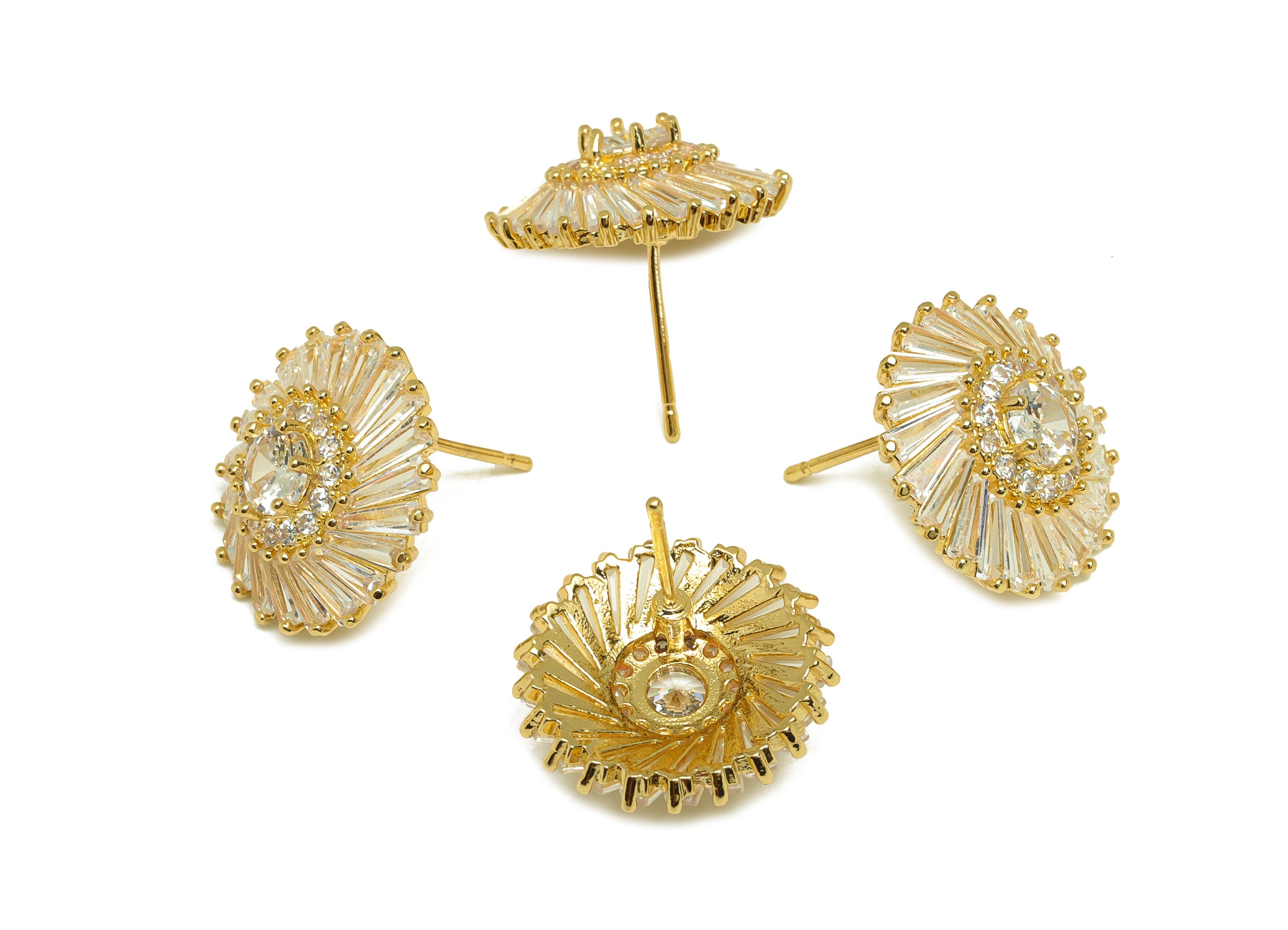 Brass CZ Round Earring Stud - Brass Cubic Zircon Post - Brass Trapezoid Earring Post - 18K Real Gold Plating - 18.52x18.12x6.94mm - RGP7090 - DOMEDBAZAAR