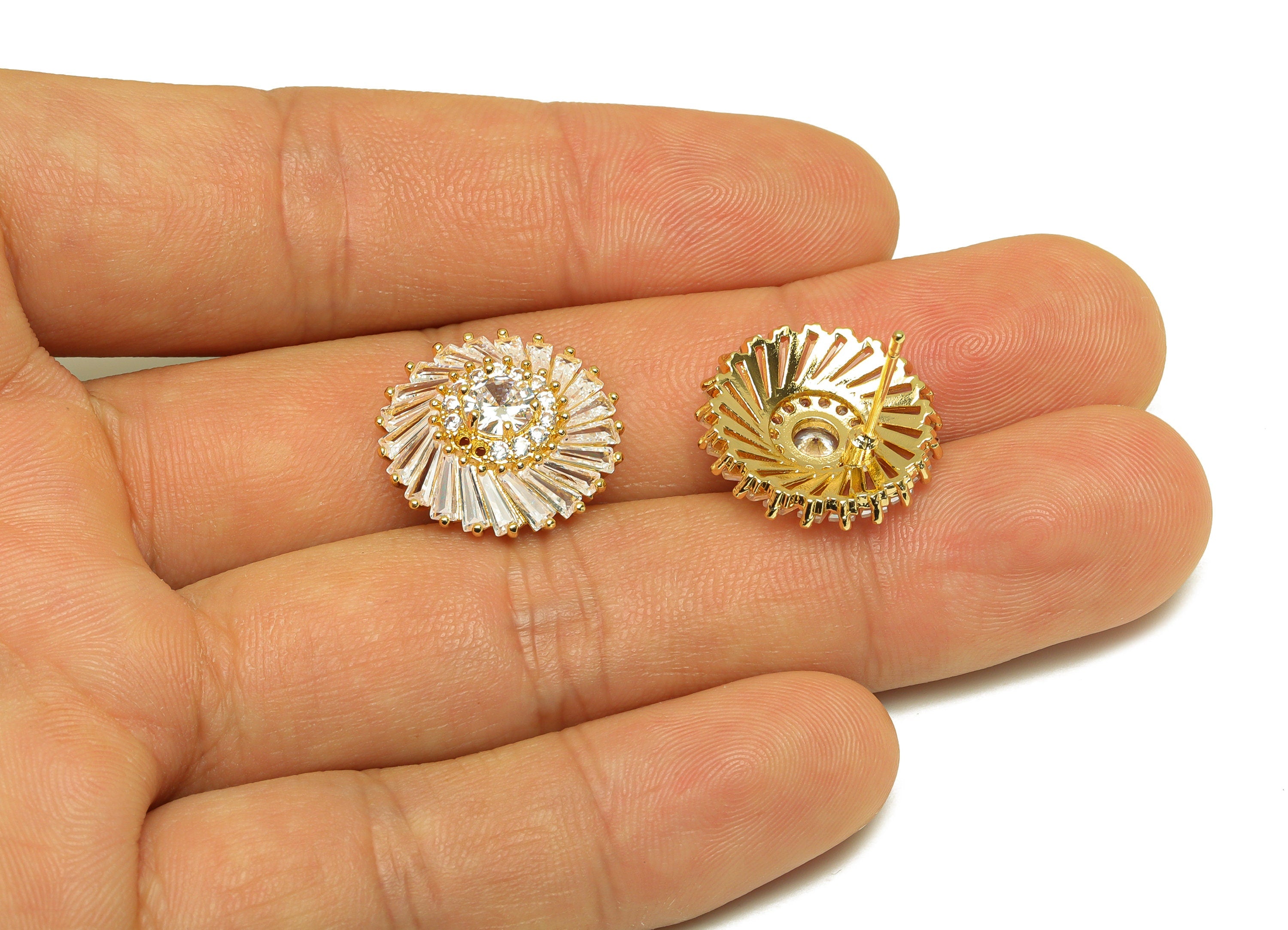 Brass CZ Round Earring Stud - Brass Cubic Zircon Post - Brass Trapezoid Earring Post - 18K Real Gold Plating - 18.52x18.12x6.94mm - RGP7090 - DOMEDBAZAAR