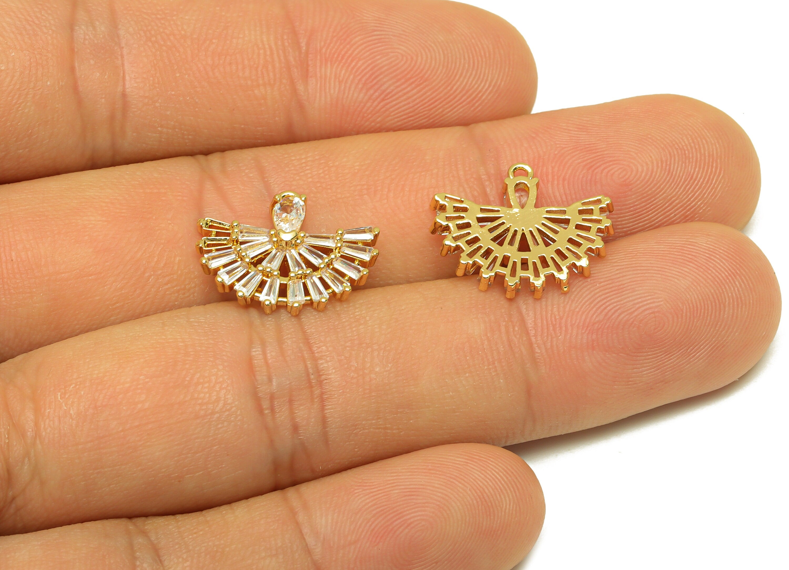 Brass CZ Fan Earring Charm - Brass Teardrop Cubic Zircon Charm - Zircon Earring Charm - 18K Real Gold Plating - 17.86x14.76x3mm - RGP7083 - DOMEDBAZAAR