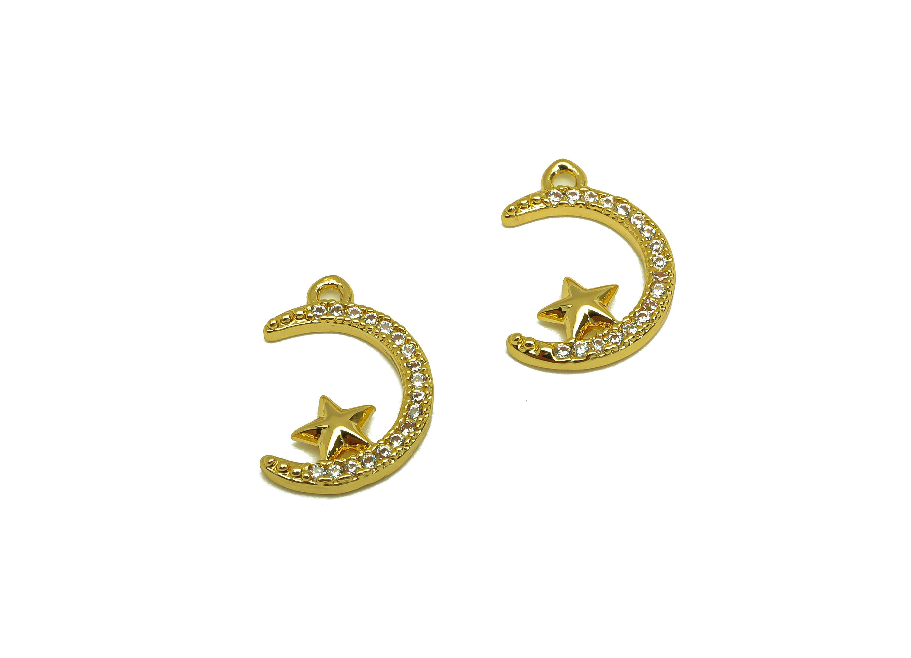 Brass CZ Crescent Earring Charm - Brass Star Cubic Zircon Charm - Moon Earring Charm - 18K Real Gold Plating - 14.22x10x1.75mm - RGP7080 - DOMEDBAZAAR