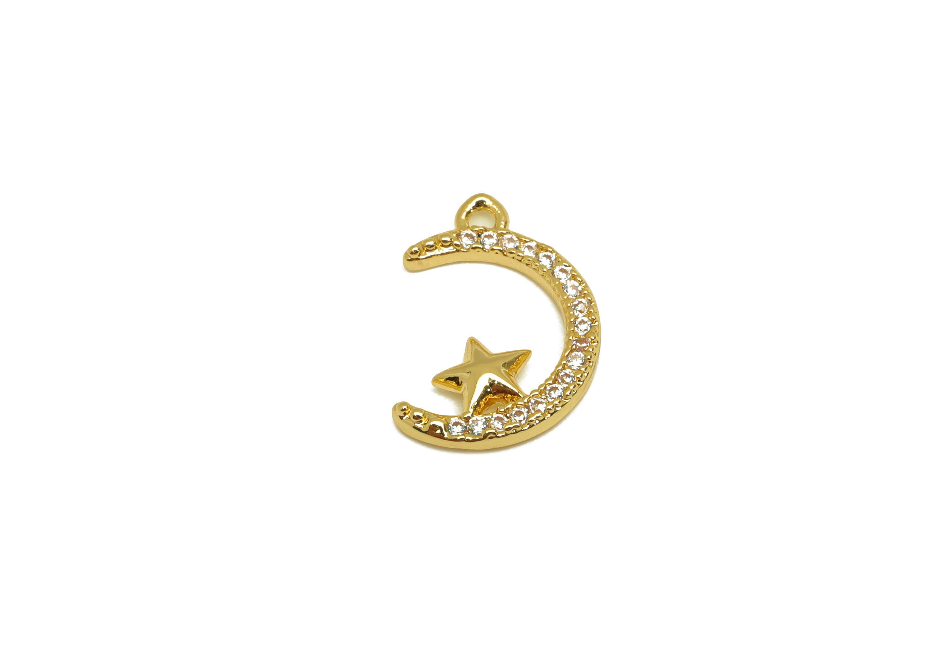 Brass CZ Crescent Earring Charm - Brass Star Cubic Zircon Charm - Moon Earring Charm - 18K Real Gold Plating - 14.22x10x1.75mm - RGP7080 - DOMEDBAZAAR