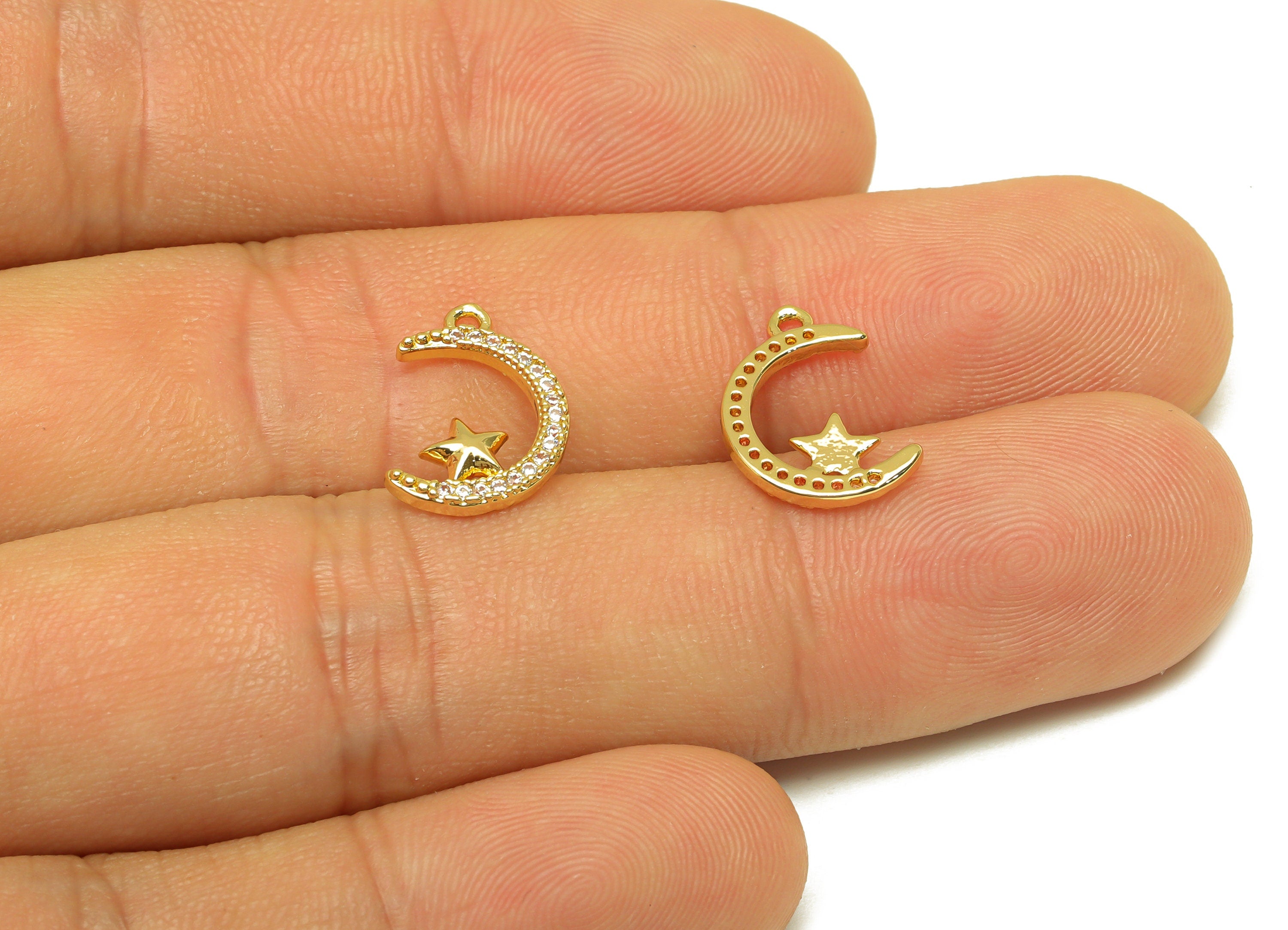 Brass CZ Crescent Earring Charm - Brass Star Cubic Zircon Charm - Moon Earring Charm - 18K Real Gold Plating - 14.22x10x1.75mm - RGP7080 - DOMEDBAZAAR