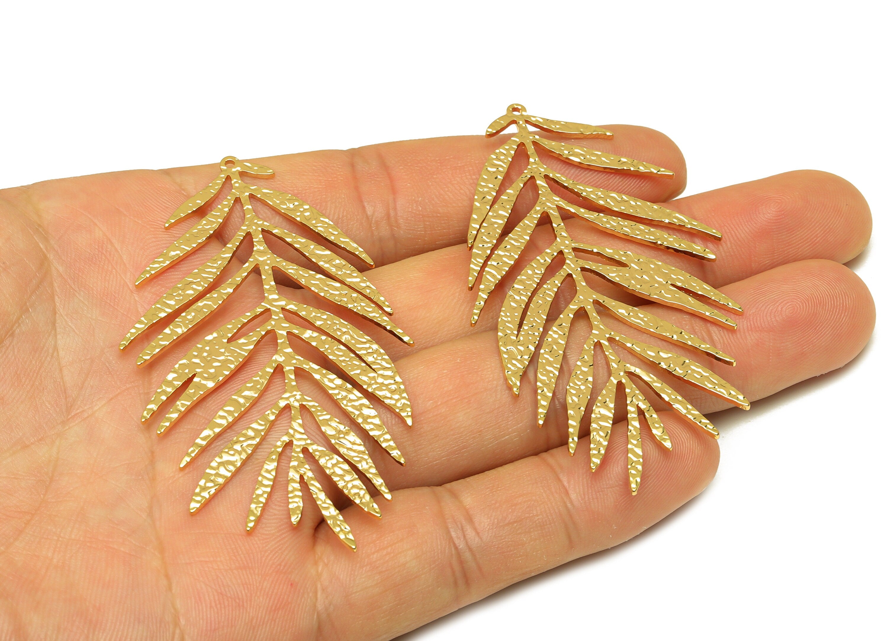 Brass Leaf Earring Charm - Brass Textured Leaf Pendant - Brass Textured Botanical Charm - 18K Real Gold Plating - 68.4x38.18x1mm - RGP7109 - DOMEDBAZAAR