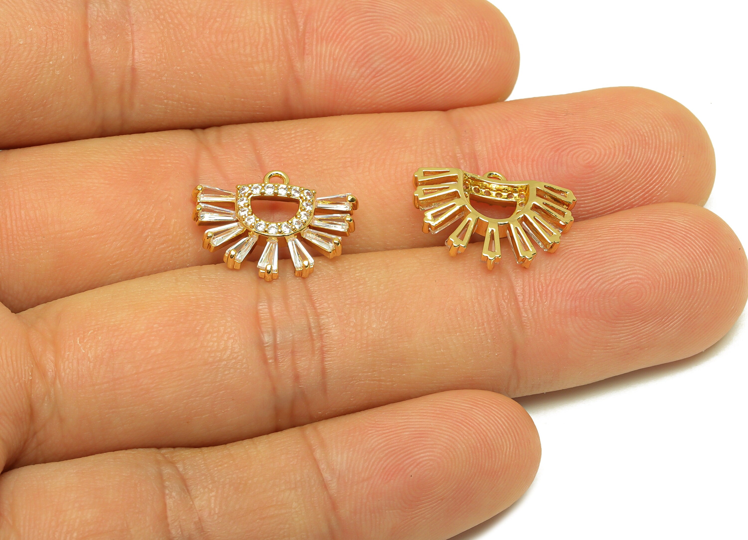 Brass CZ Fan Earring Charm - Brass Domed Cubic Zircon Charm - Zircon Earring Charm - 18K Real Gold Plating - 17.33x13.13x3.45mm - RGP7089 - DOMEDBAZAAR