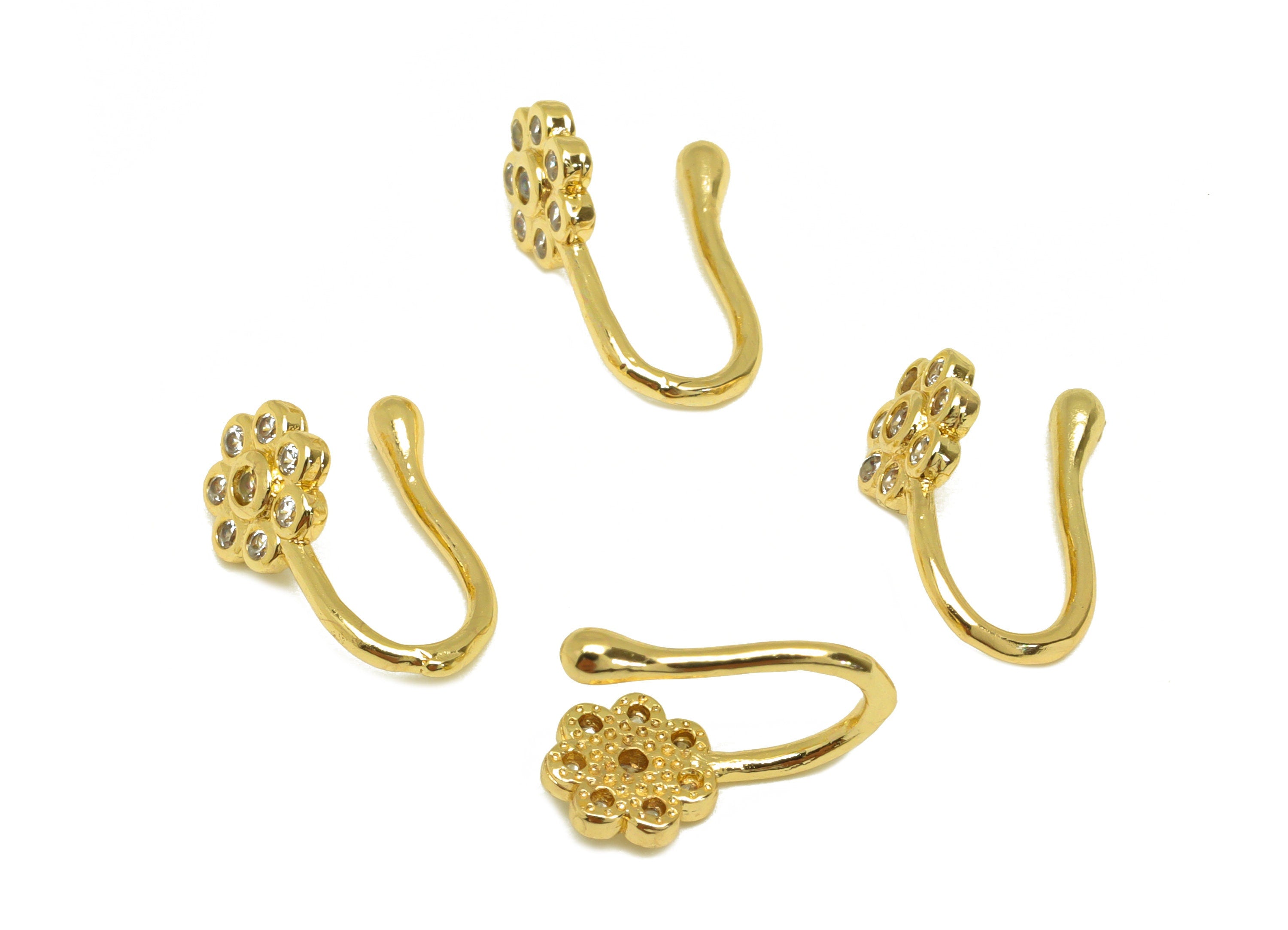Brass Cuff Earring - Brass Zircon Flower Wire Hook Earring - Nose Clip - Brass Cuff Earring - 18K Real Gold Plating - 11x6x6.17mm - RGP7013 - DOMEDBAZAAR