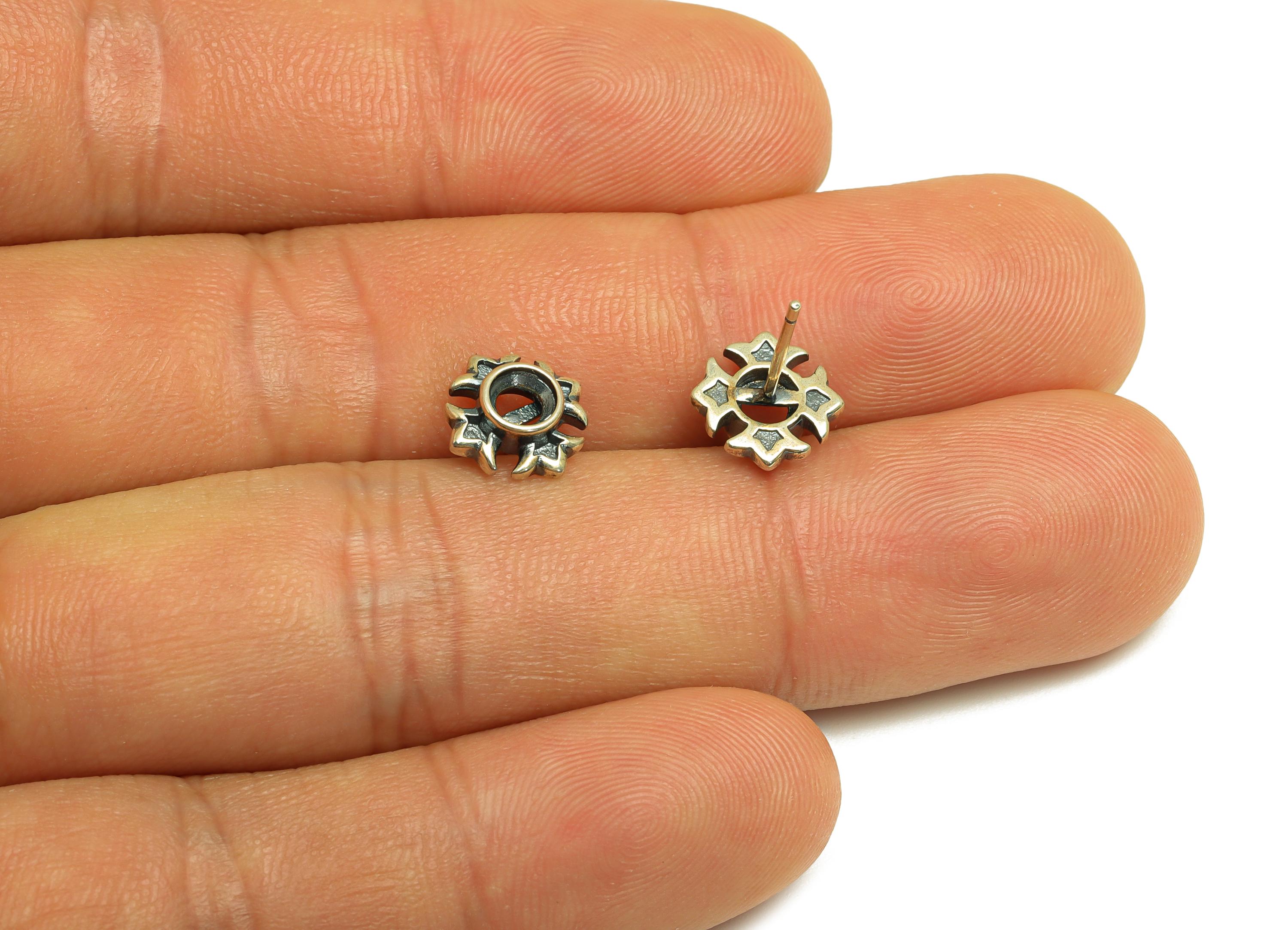4mm Round Earring Setting Post - Vintage Flower Earring Stud - Antique Earring Post For Diamond - 925 Silver Sterling - RGP7428 - DOMEDBAZAAR
