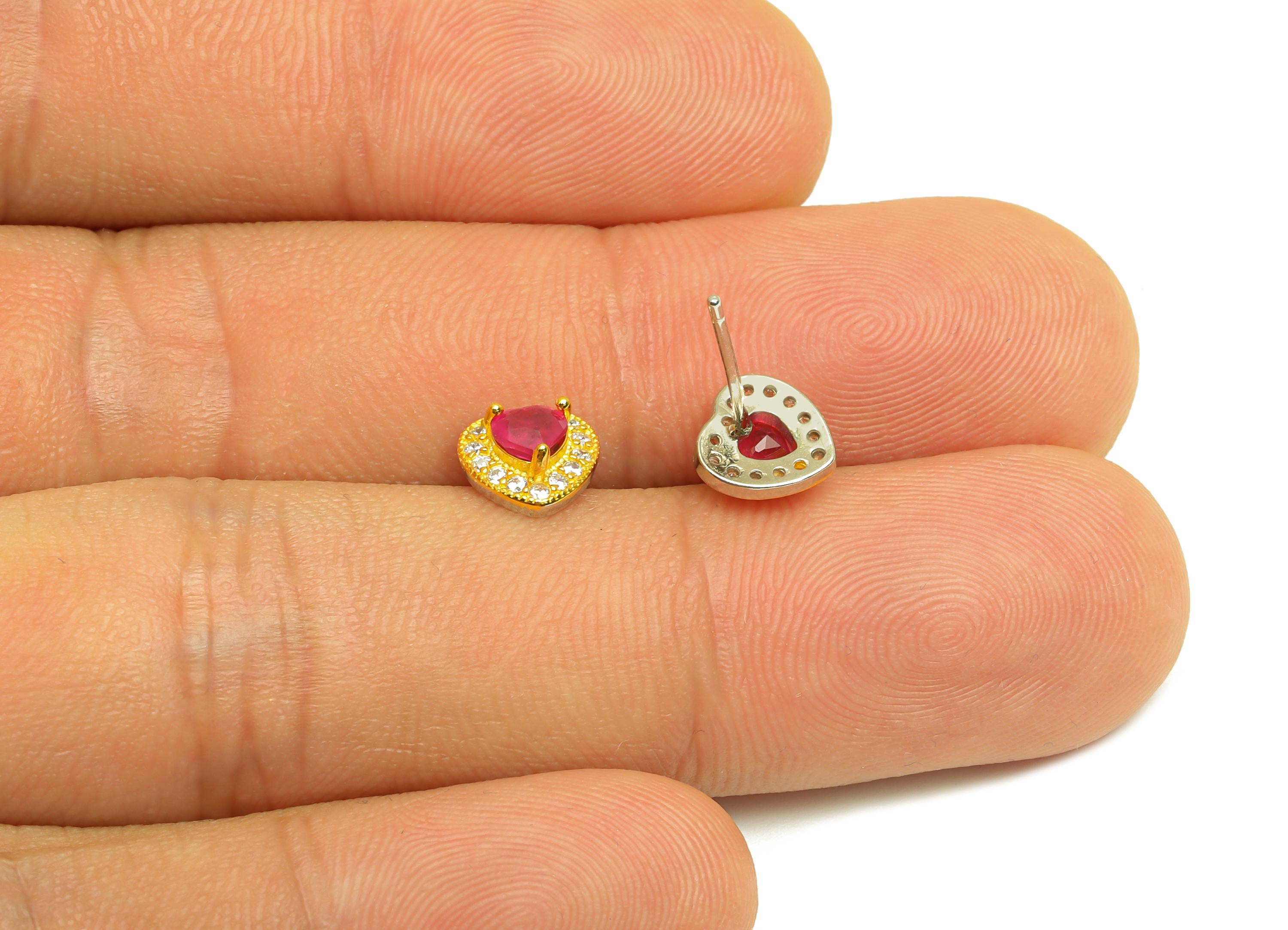 Ruby Gemstone Earring Post - Silver Heart Ruby Earring Stud - Zircon Heart Earring Post - 18K Real Gold Plated Silver - 14.6x7x3mm - RGP7364 - DOMEDBAZAAR