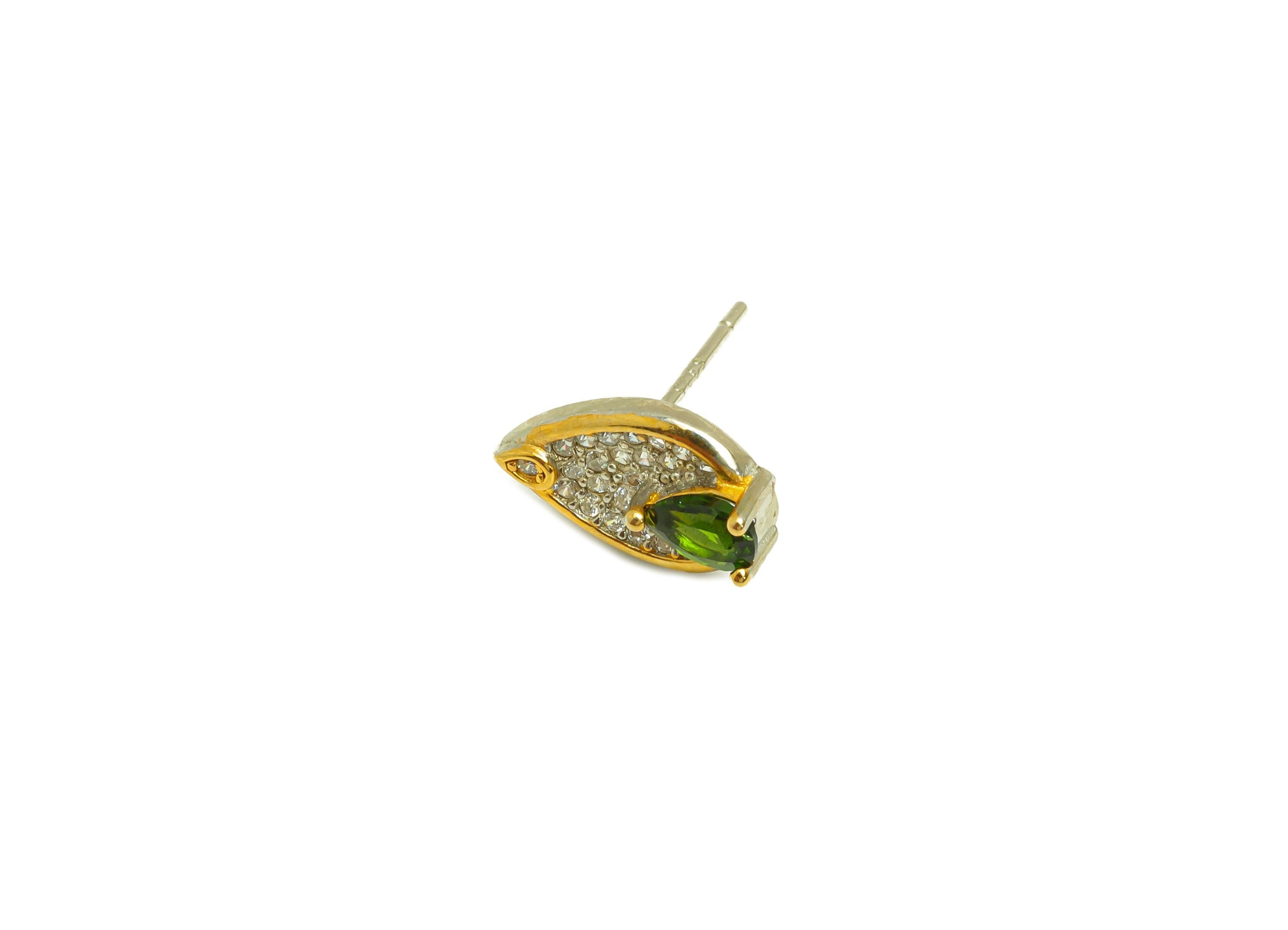 Diopside Earring Post - Silver Teardrop Diopside Earring Stud - Zircon Earring Post - 18K Real Gold Plated Silver - 13.73x7.86x3mm - RGP7365 - DOMEDBAZAAR
