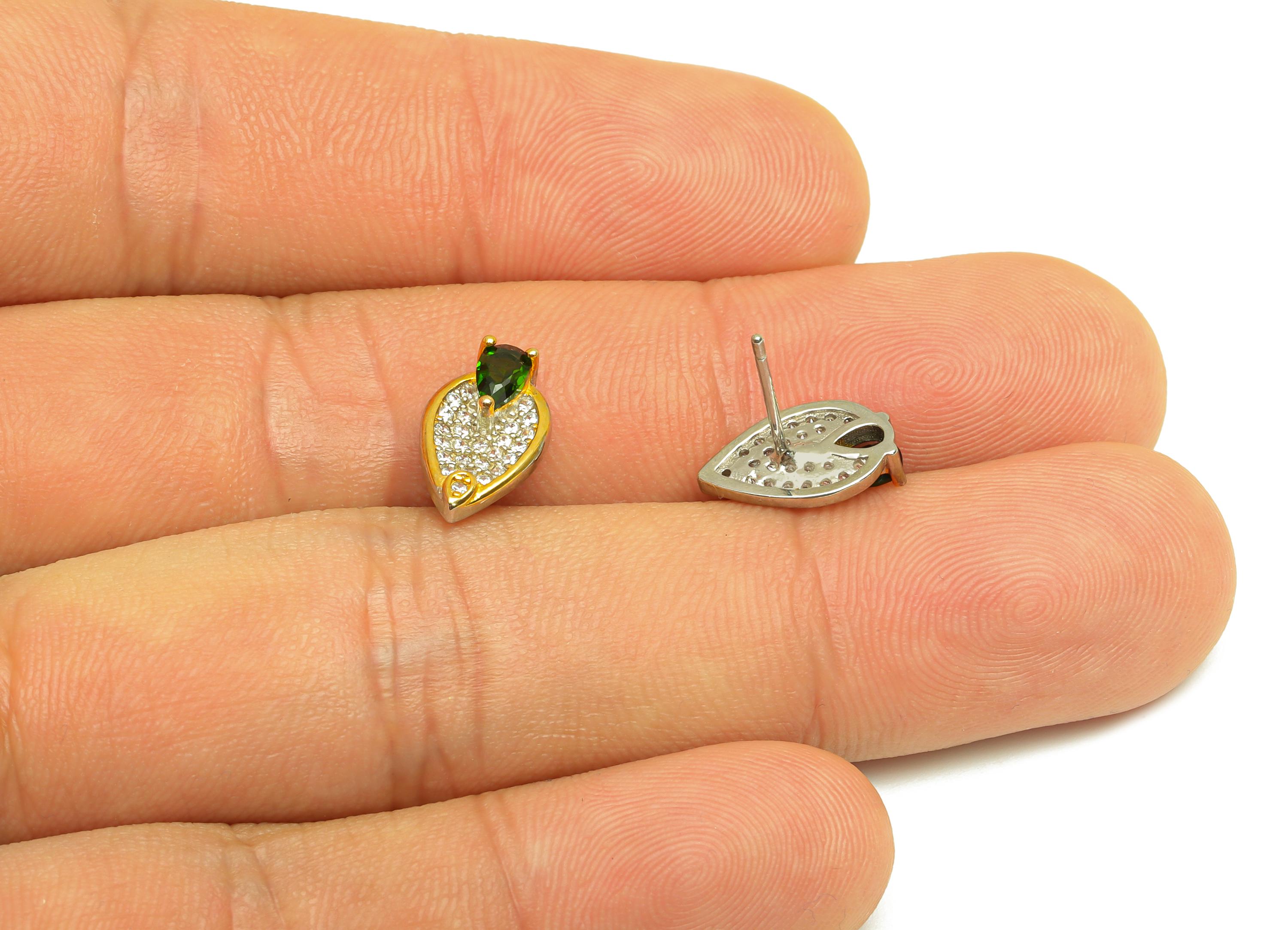 Diopside Earring Post - Silver Teardrop Diopside Earring Stud - Zircon Earring Post - 18K Real Gold Plated Silver - 13.73x7.86x3mm - RGP7365 - DOMEDBAZAAR