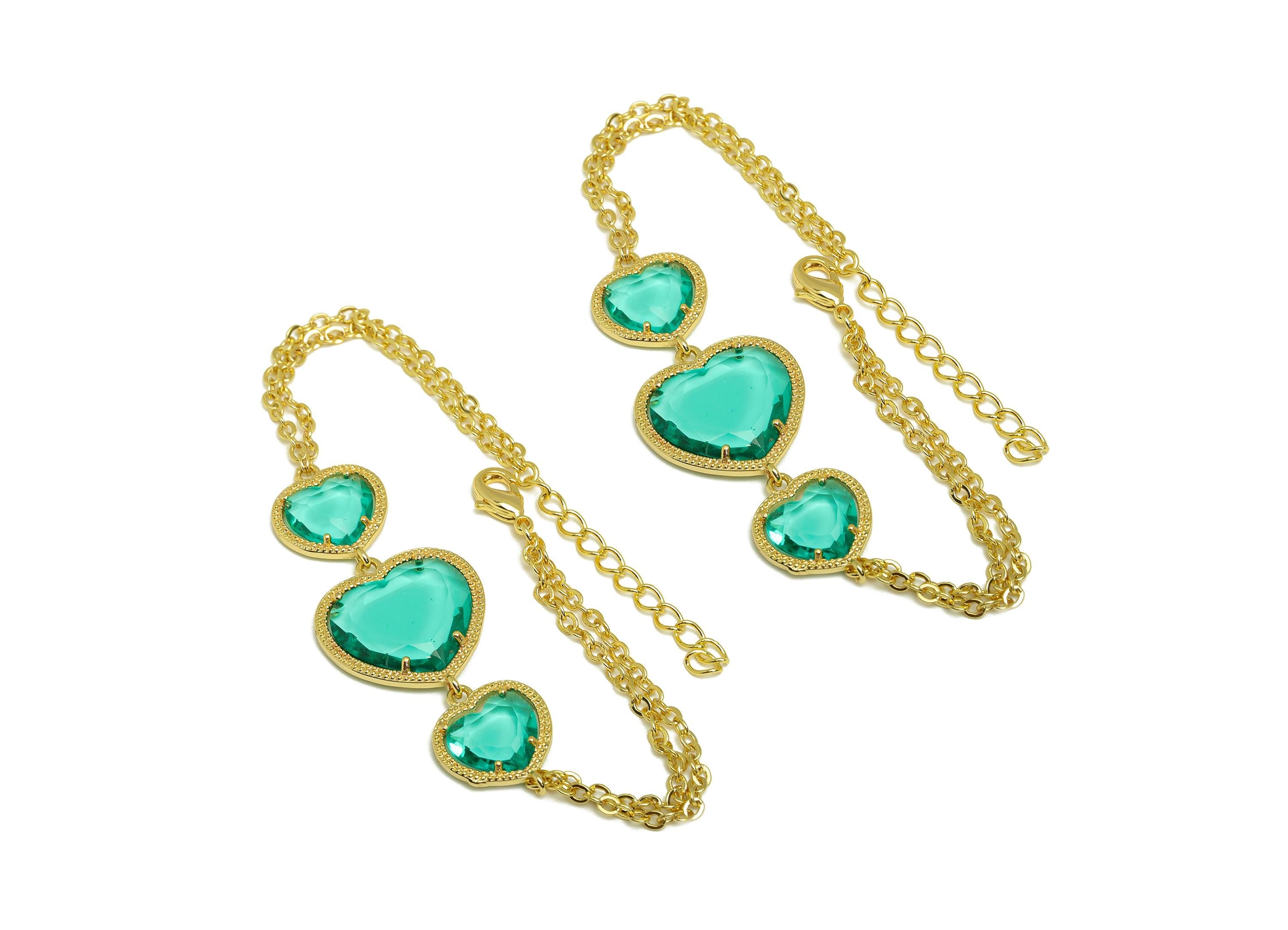21cm Heart Bracelet - Brass Tiffany Blue Heart Bracelet - Brass Cubic Zircon Heart Bracelet - 18K Real Gold Plating - 210x18x3mm - RGP7355E - DOMEDBAZAAR