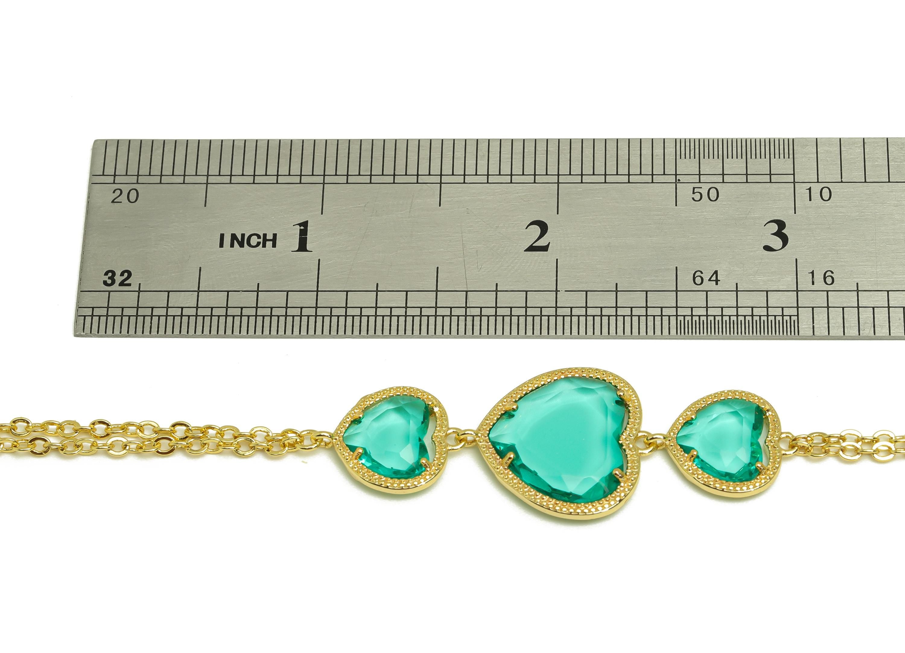 21cm Heart Bracelet - Brass Tiffany Blue Heart Bracelet - Brass Cubic Zircon Heart Bracelet - 18K Real Gold Plating - 210x18x3mm - RGP7355E - DOMEDBAZAAR