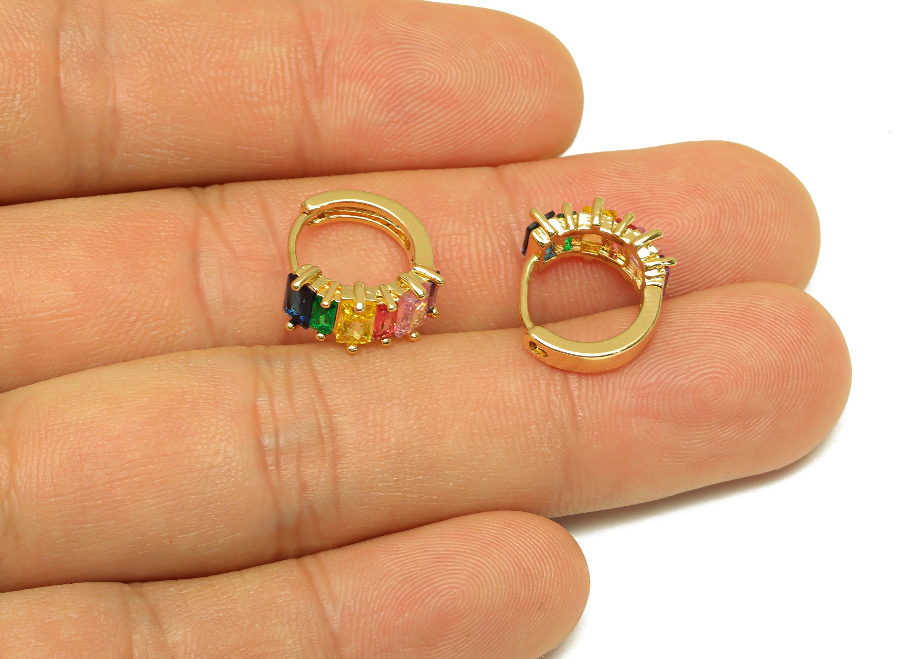 Brass Rectangle Hoop Earring - Brass Geometry Zircon Huggie Hoop - Brass Rainbow Clasp - 18K Real Gold Plating - 14.42x13.17x6mm - RGP7129 - DOMEDBAZAAR