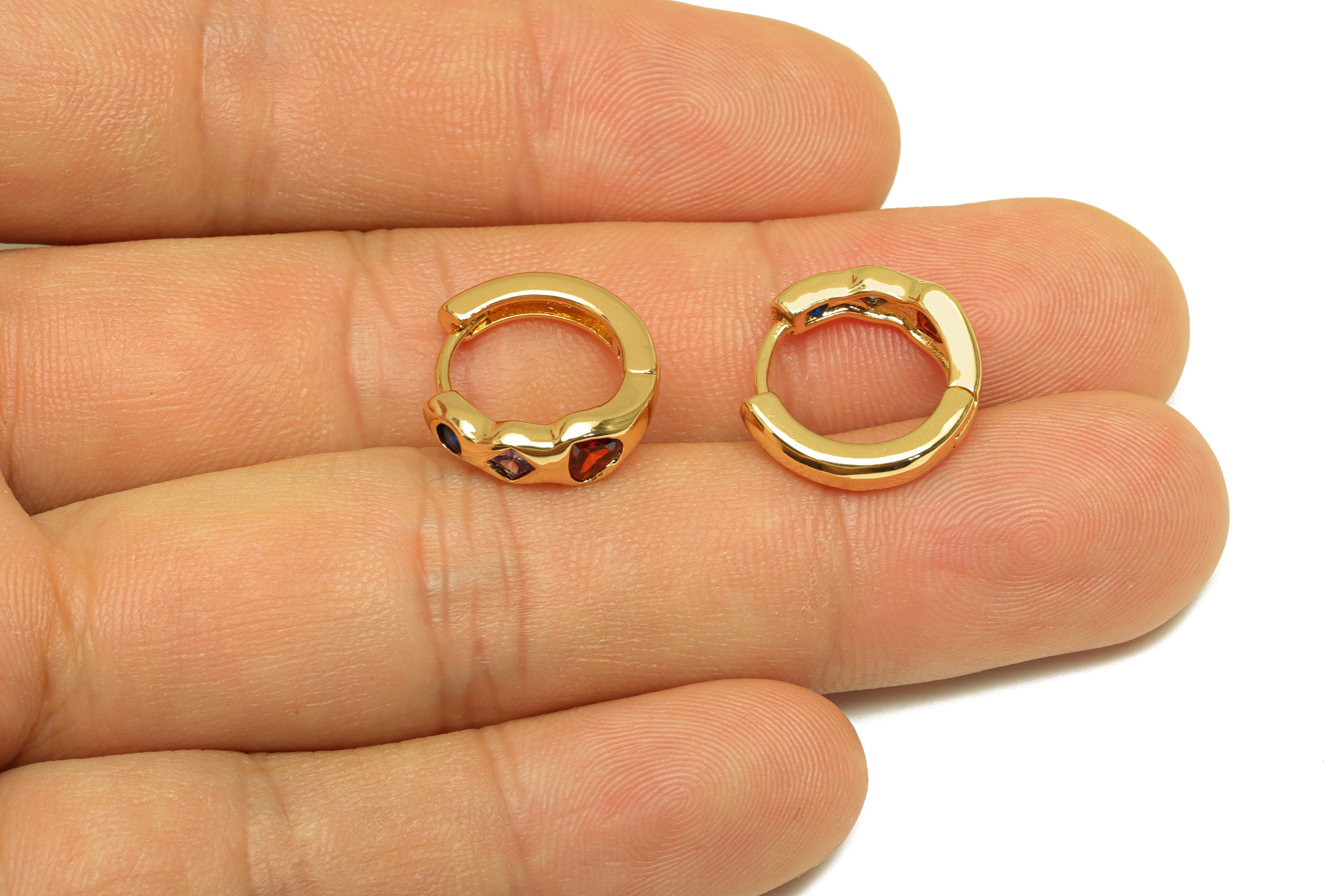 Brass Heart Hoop Earring - Brass Geometry Zircon Huggie Hoop - Brass Rainbow CZ Hoop - 18K Real Gold Plating - 14.6x13.7x4.28mm - RGP7133 - DOMEDBAZAAR