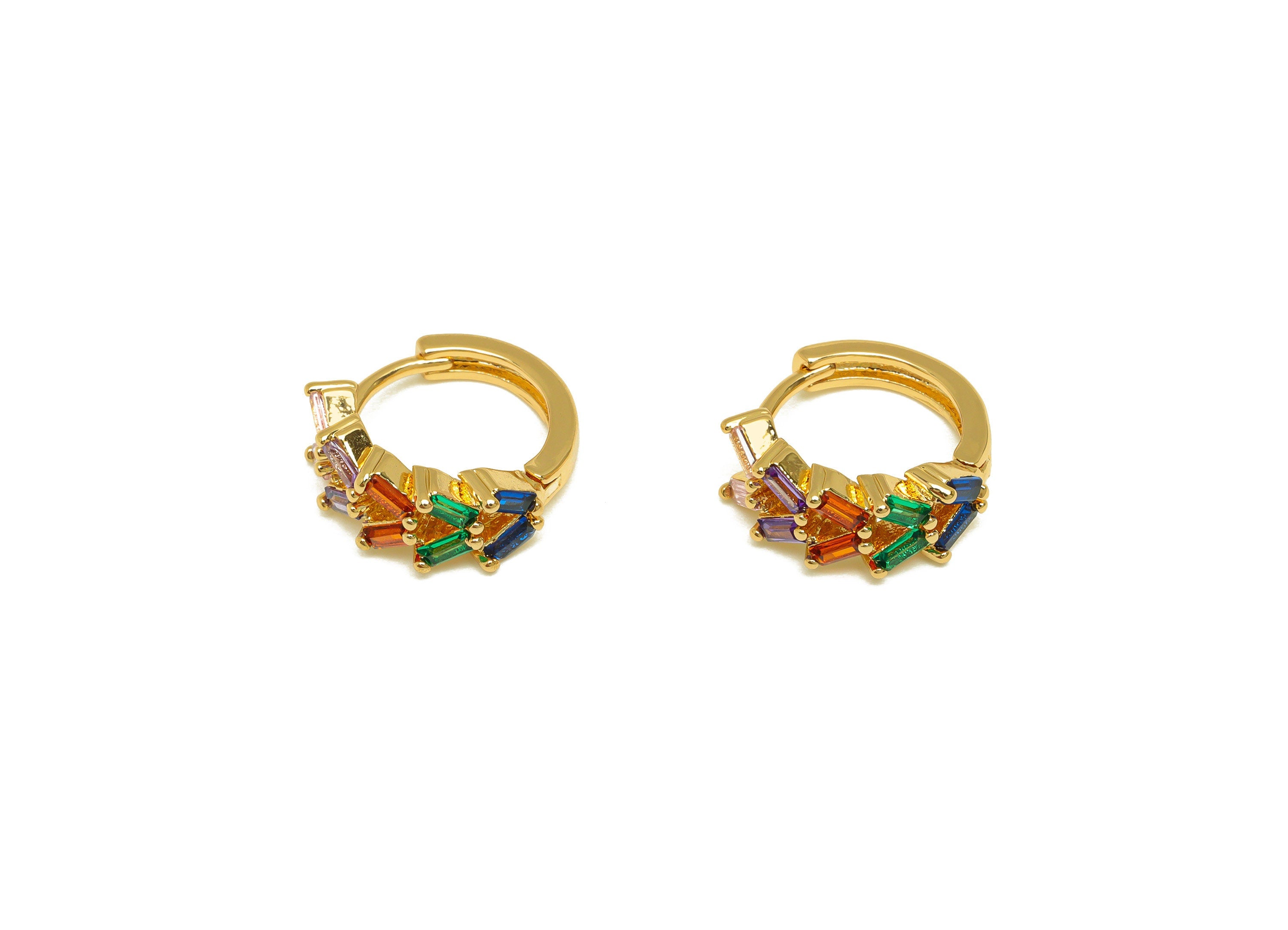 Brass Rectangle Hoop Earring - Brass Geometry Zircon Huggie Hoop - Brass Rainbow Clasp - 18K Real Gold Plating - 14.13x14.8x6mm - RGP7128 - DOMEDBAZAAR