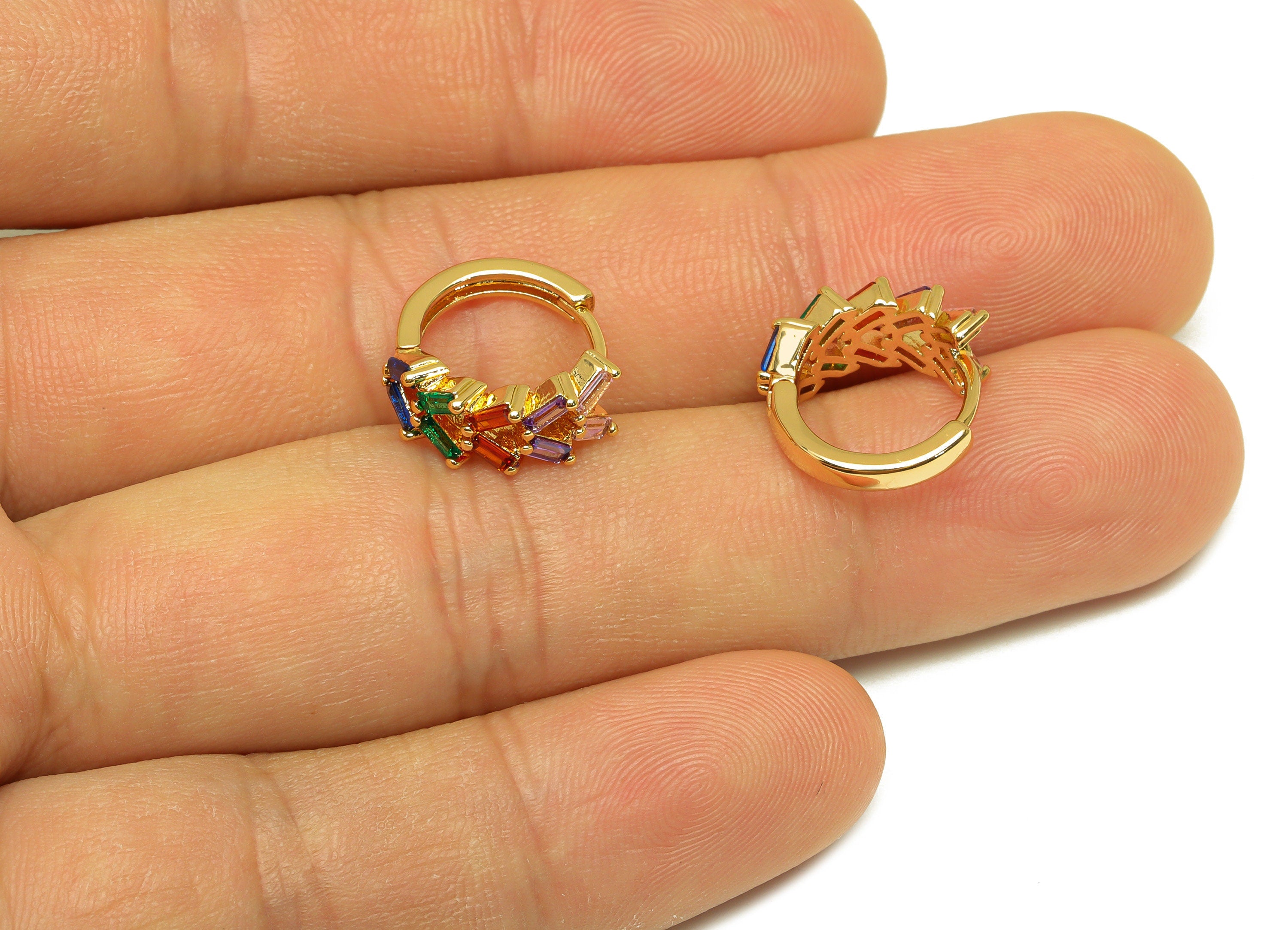 Brass Rectangle Hoop Earring - Brass Geometry Zircon Huggie Hoop - Brass Rainbow Clasp - 18K Real Gold Plating - 14.13x14.8x6mm - RGP7128 - DOMEDBAZAAR