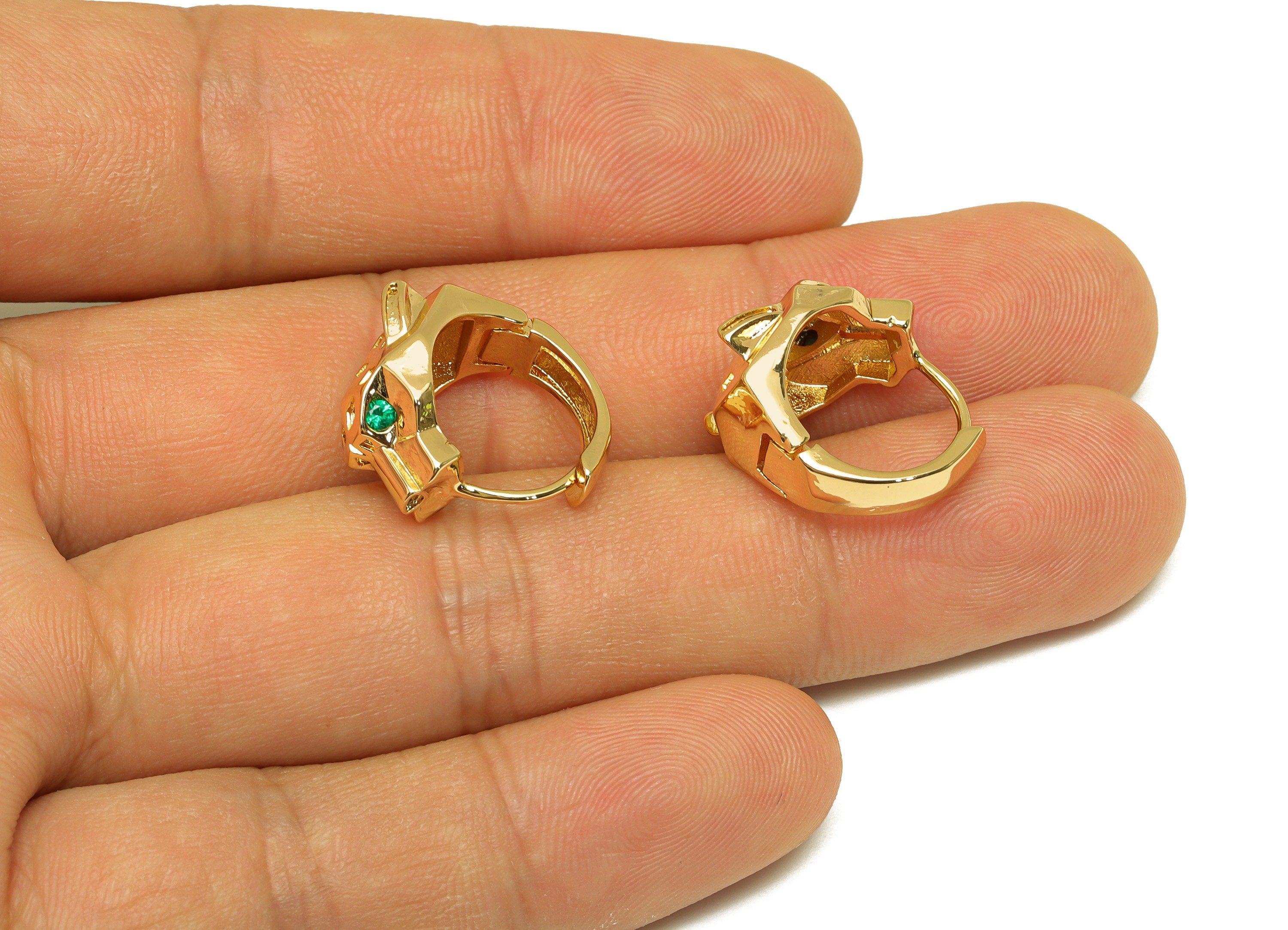 Brass Leopard Hoop Earring - Brass Wolf Zircon Huggie Hoop - Brass Green Animal Clasp - 18K Real Gold Plating - 18.43x17x11mm - RGP7132 - DOMEDBAZAAR