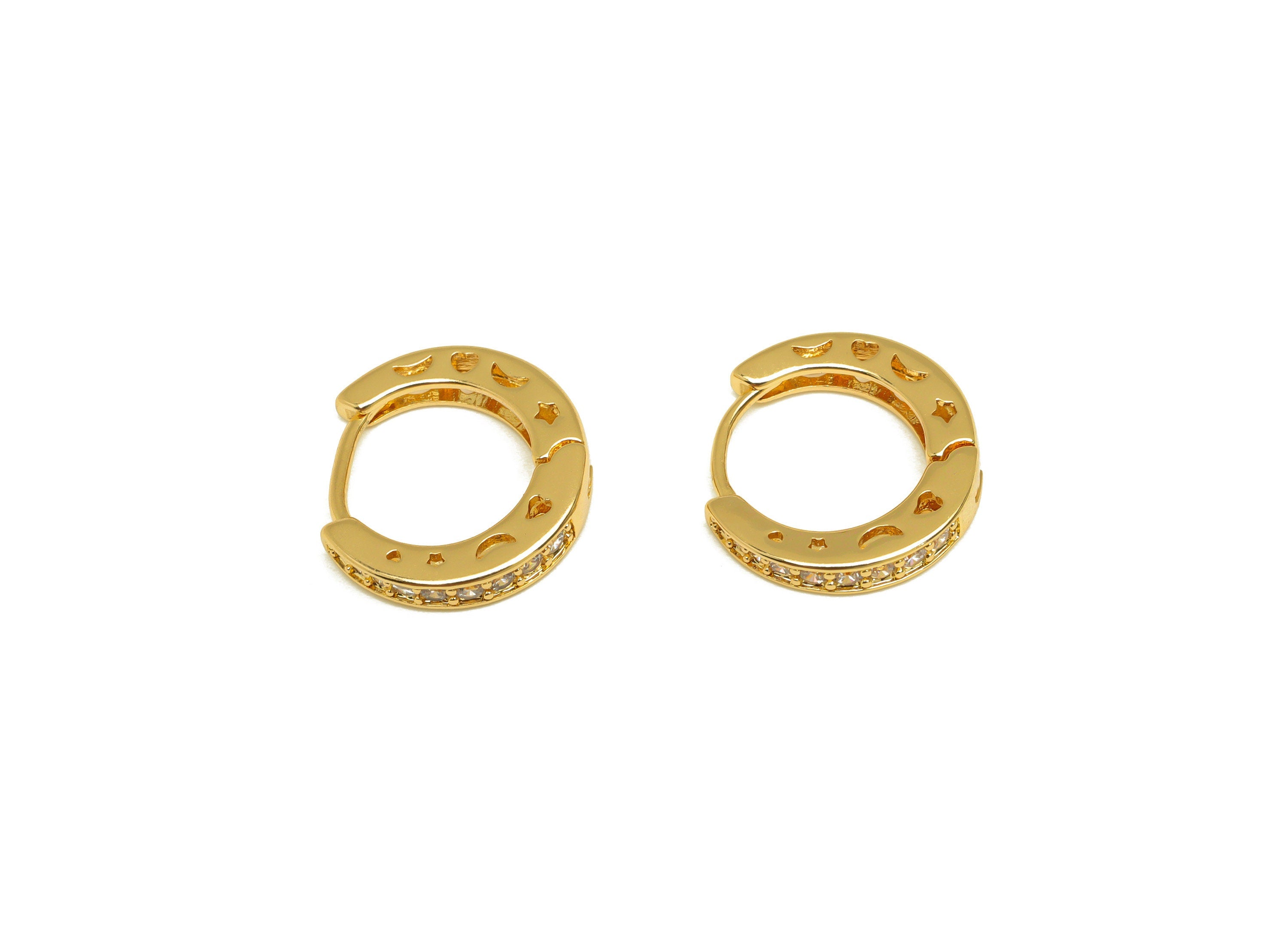Brass Star Hoop Earring - Brass Hollow Crescent Zircon Huggie Hoop - Brass Moon Clasp - 18K Real Gold Plating - 16.06x14.83x3.04mm - RGP7134 - DOMEDBAZAAR