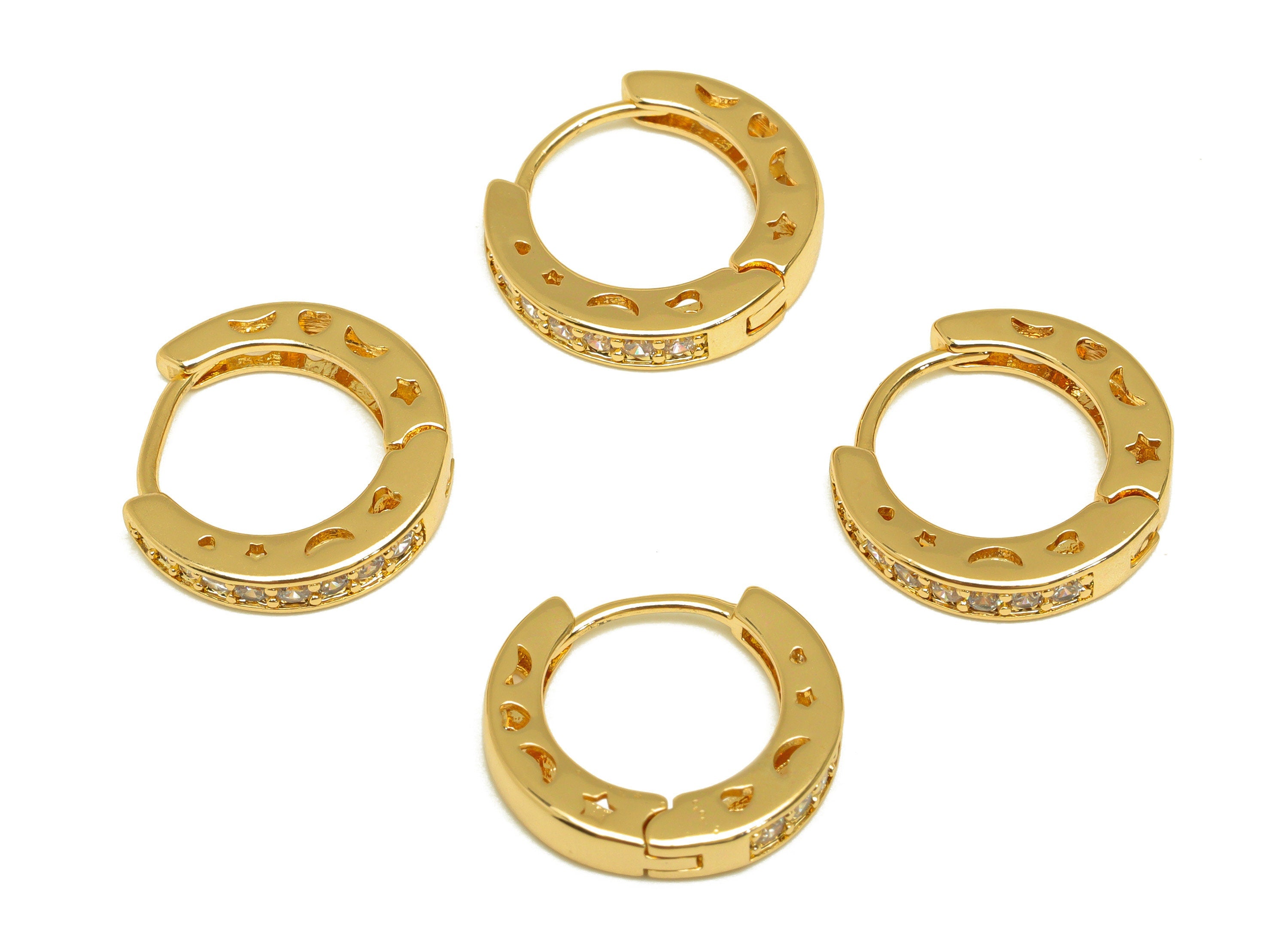 Brass Star Hoop Earring - Brass Hollow Crescent Zircon Huggie Hoop - Brass Moon Clasp - 18K Real Gold Plating - 16.06x14.83x3.04mm - RGP7134 - DOMEDBAZAAR