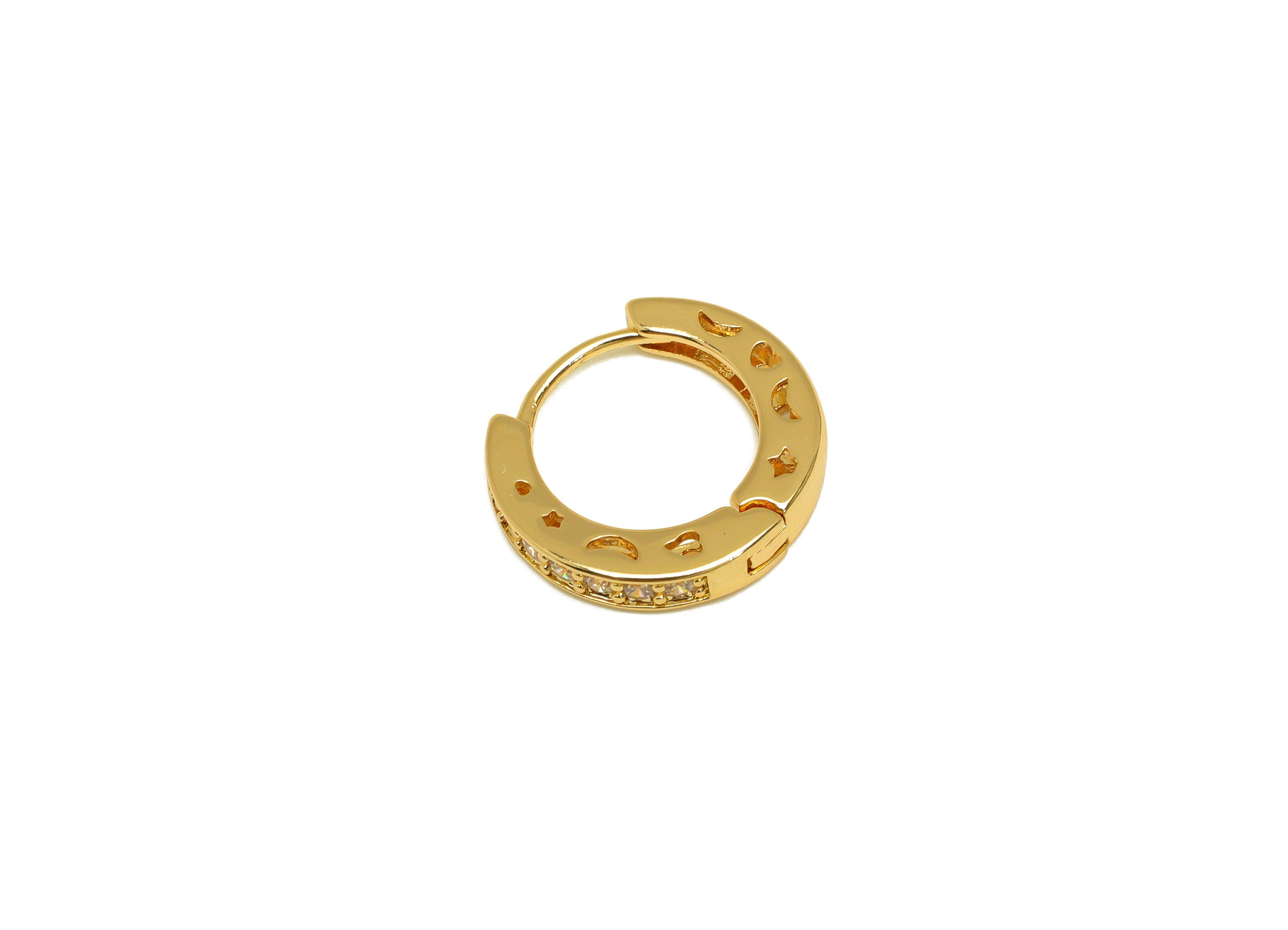Brass Star Hoop Earring - Brass Hollow Crescent Zircon Huggie Hoop - Brass Moon Clasp - 18K Real Gold Plating - 16.06x14.83x3.04mm - RGP7134 - DOMEDBAZAAR