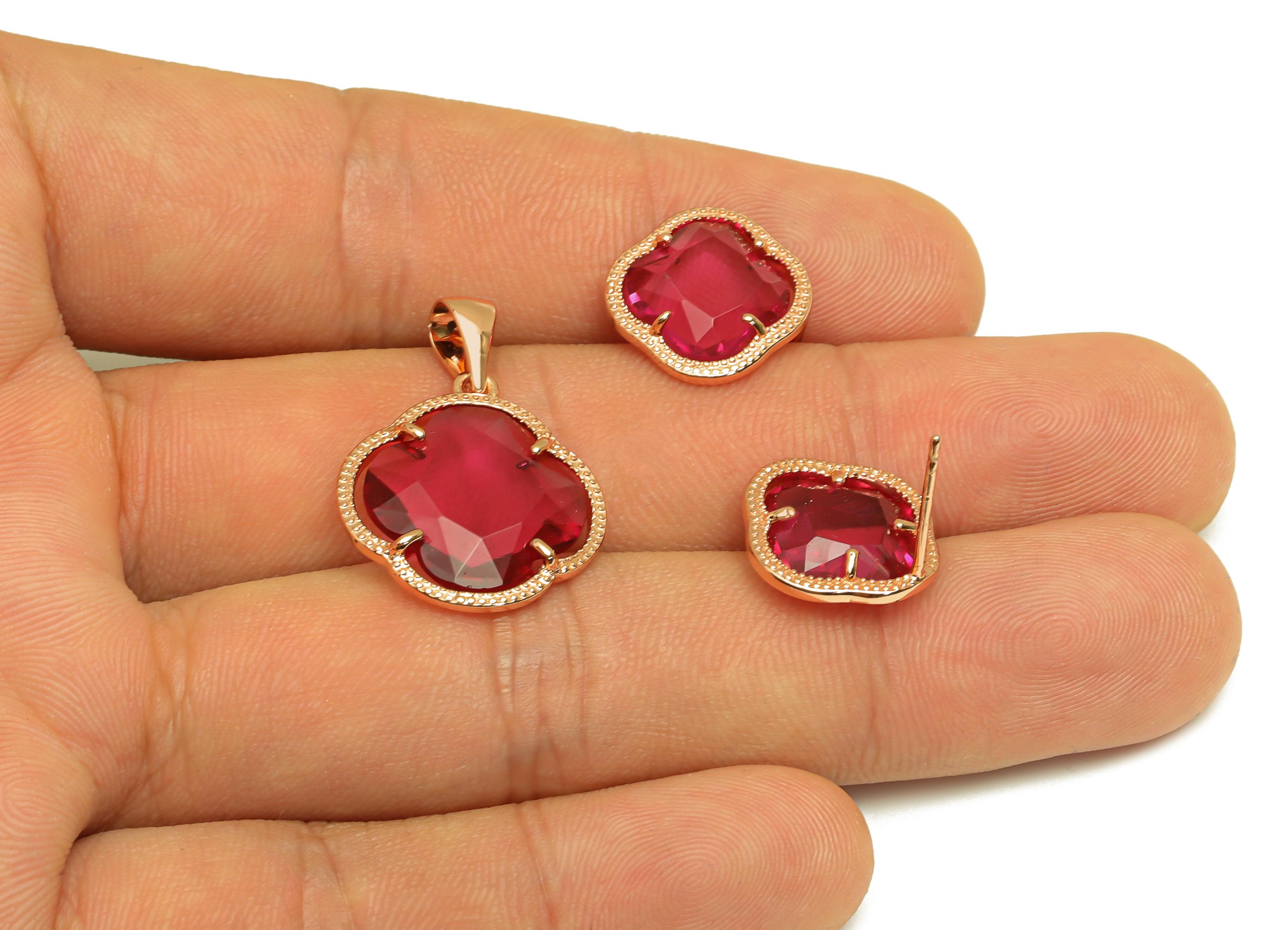Brass CZ Flower Set - Brass Pink Flower Pendant - Brass Cubic Zircon Pink Earring Post - 18K Real Gold Plating - 15.01x15x0.83mm - RGP7348A - DOMEDBAZAAR