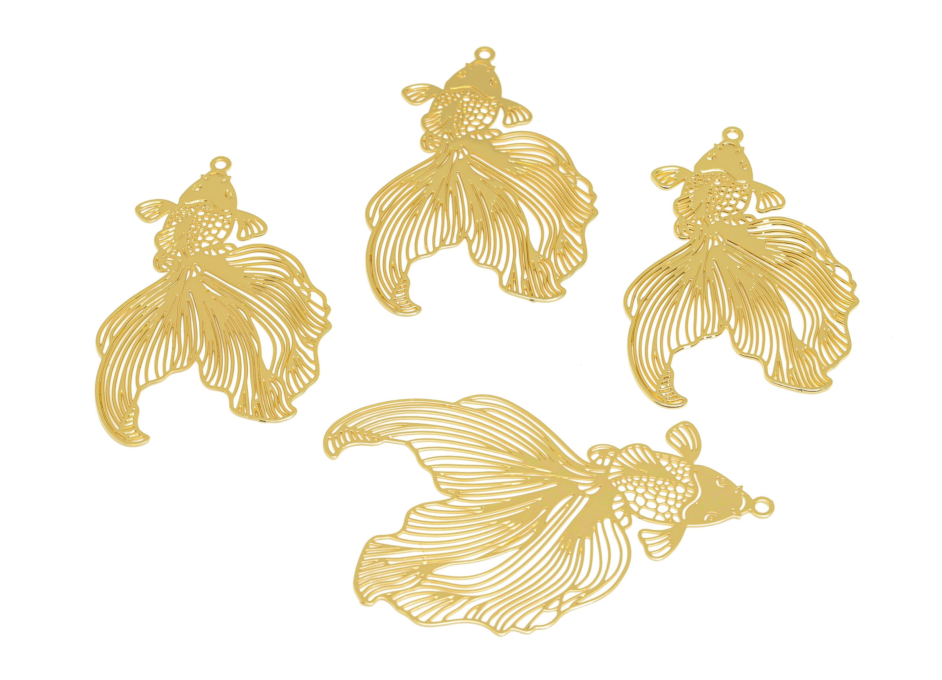 Brass Fish Earring Charm - Brass Hollow Fish Earring Charm - Brass Goldfish Pendant - 18K Real Gold Plating - 49.11x 30.23x0.31mm - RGP7147 - DOMEDBAZAAR