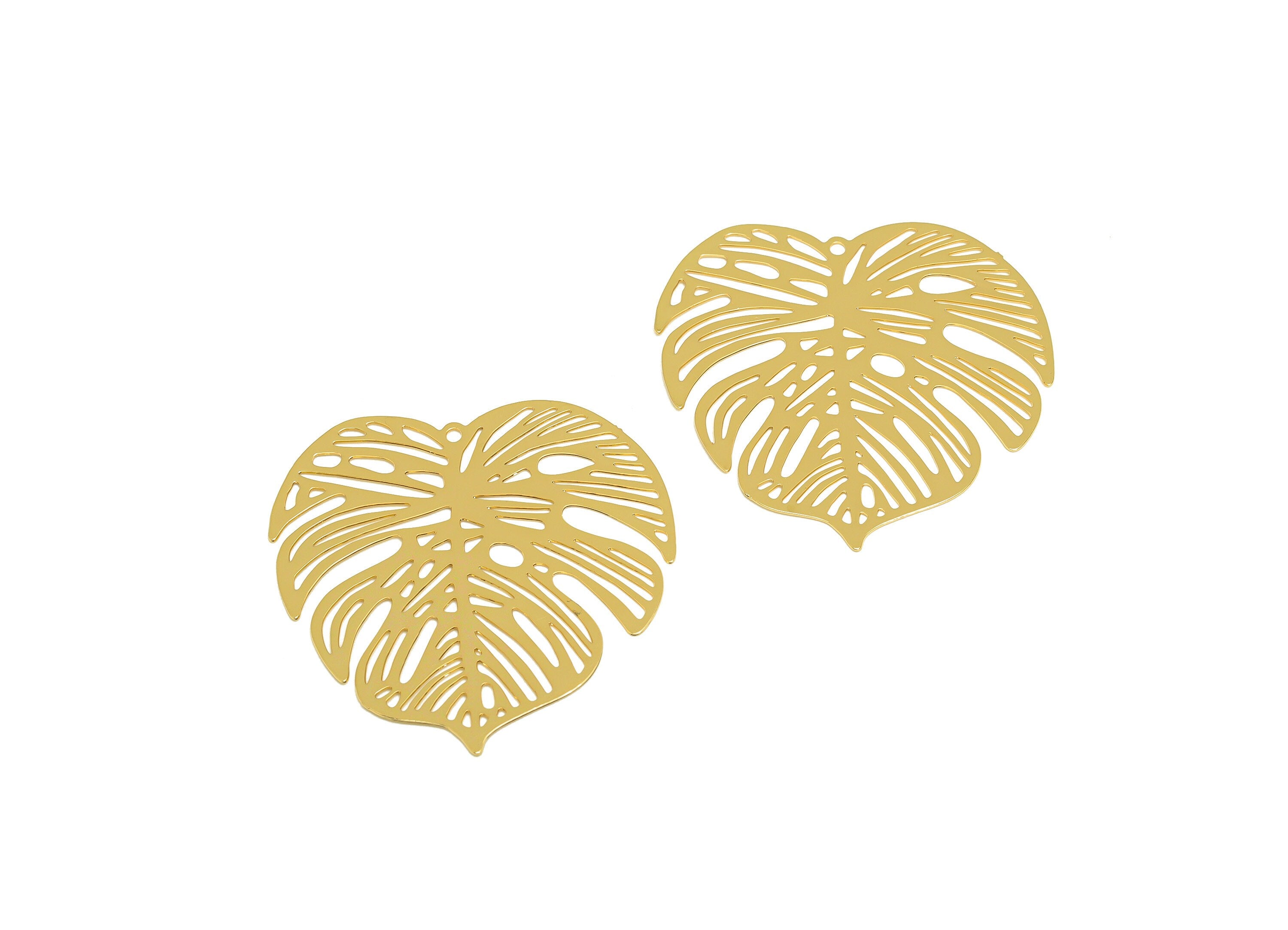 Brass Leaf Earring Charm - Brass Hollow Monstera Earring Charm - Brass Leaf Pendant - 18K Real Gold Plating - 32.08x31.25x0.35mm - RGP7152 - DOMEDBAZAAR