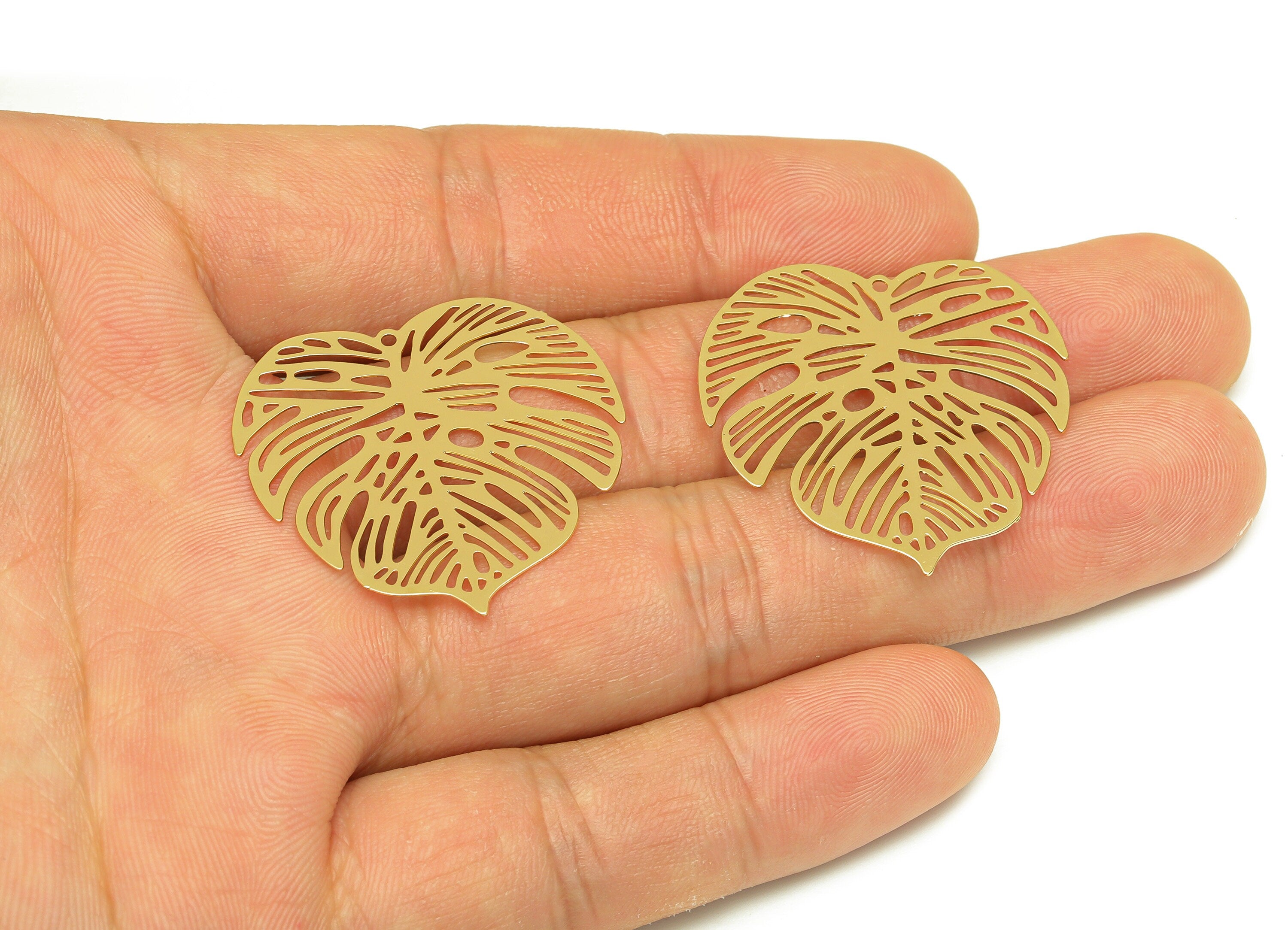 Brass Leaf Earring Charm - Brass Hollow Monstera Earring Charm - Brass Leaf Pendant - 18K Real Gold Plating - 32.08x31.25x0.35mm - RGP7152 - DOMEDBAZAAR