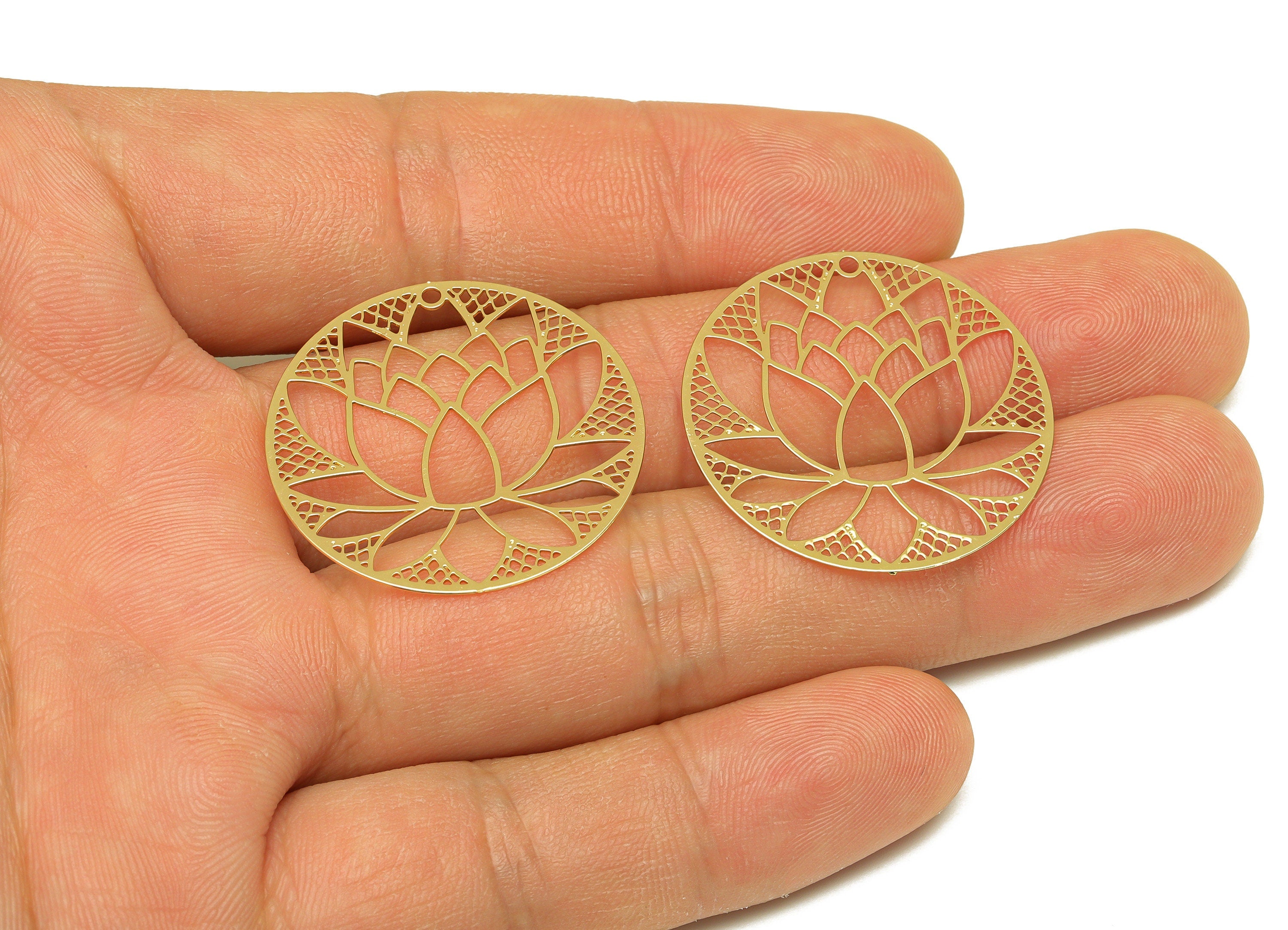 Brass Flower Earring Charm - Brass Hollow Lotus Earring Charm - Brass Flower Pendant - 18K Real Gold Plating - 30x30x0.38mm - RGP7149 - DOMEDBAZAAR