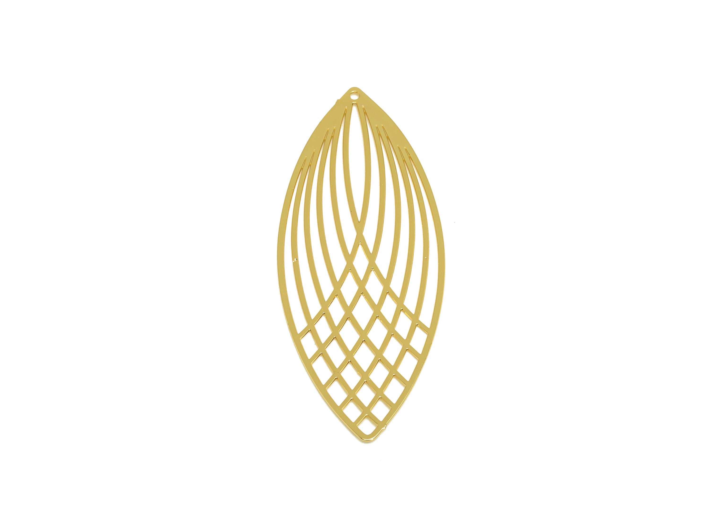 Brass Marquise Earring Charm - Brass Hollow Geometry Earring Charm - Brass Textured Pendant - 18K Real Gold Plating - 55x21x0.36mm - RGP7143 - DOMEDBAZAAR