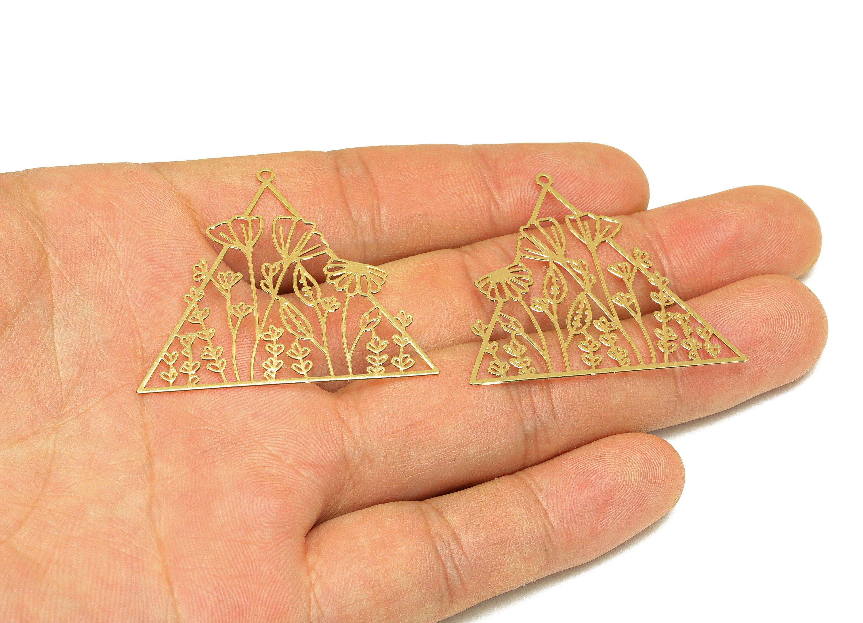 Brass Triangle Earring Charm - Brass Hollow Geometry Earring Charm - Brass Flower Pendant - 18K Real Gold Plating - 37x42x0.32mm - RGP7143 - DOMEDBAZAAR