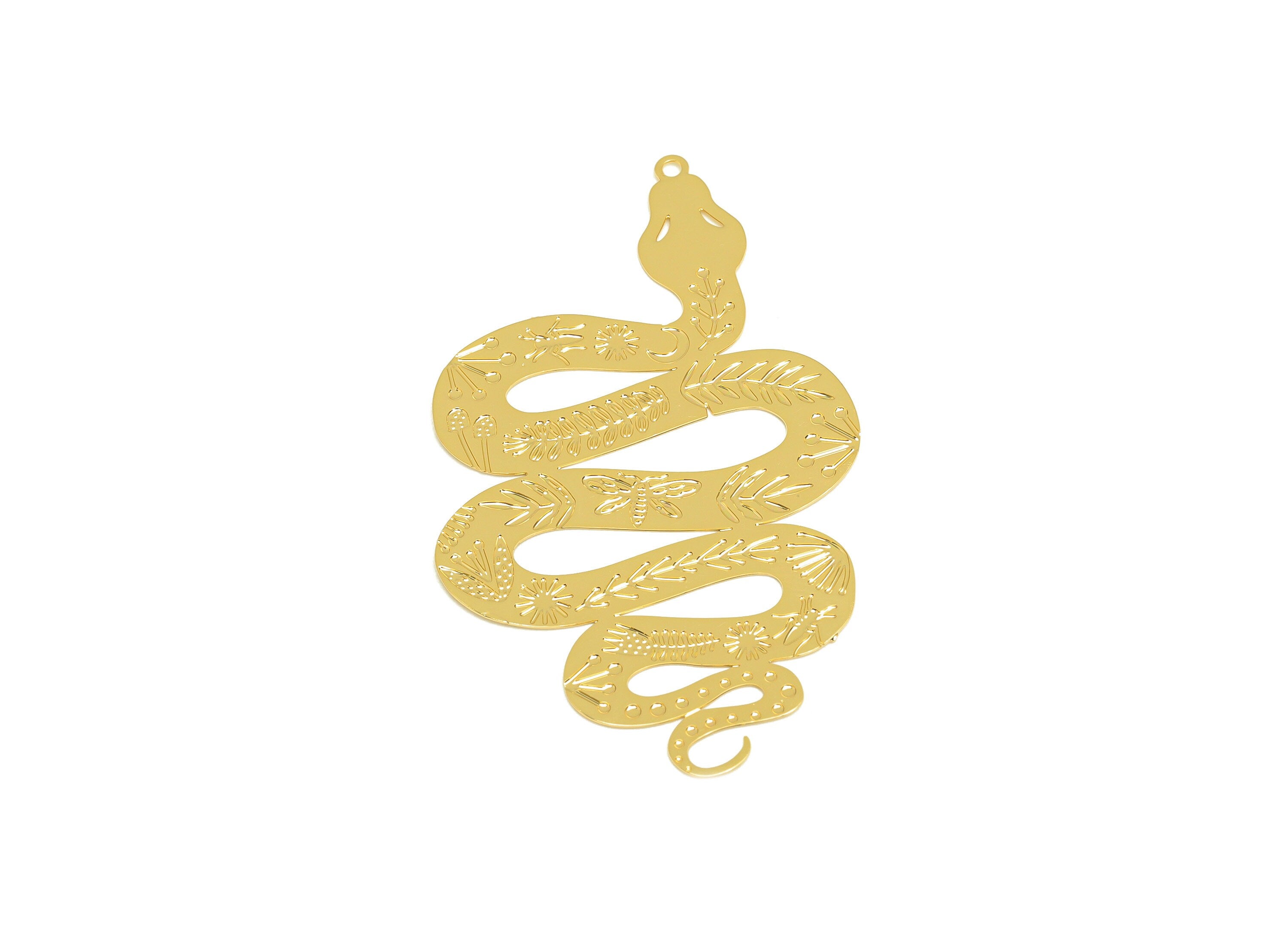 Brass Snake Earring Charm - Brass Pattern Snake Earring Charm - Brass Lotus Snake Pendant - 18K Real Gold Plating - 50x30x0.41mm - RGP7145 - DOMEDBAZAAR