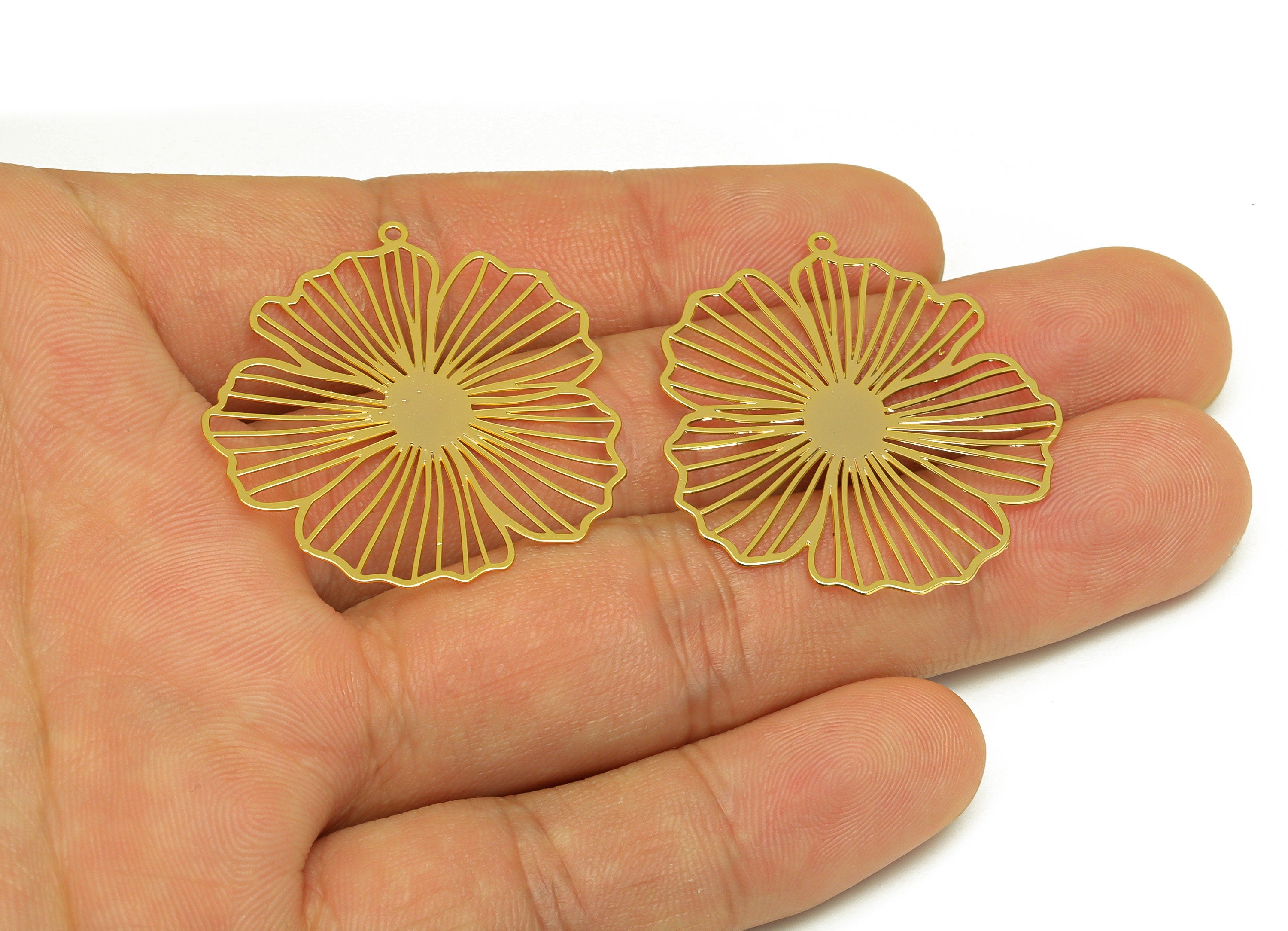 Brass Lotus Leaf Earring Charm - Brass Hollow Leaf Earring Charm - Brass Botanical Pendant - 18K Real Gold Plating - 35x33x0.36mm - RGP7144 - DOMEDBAZAAR