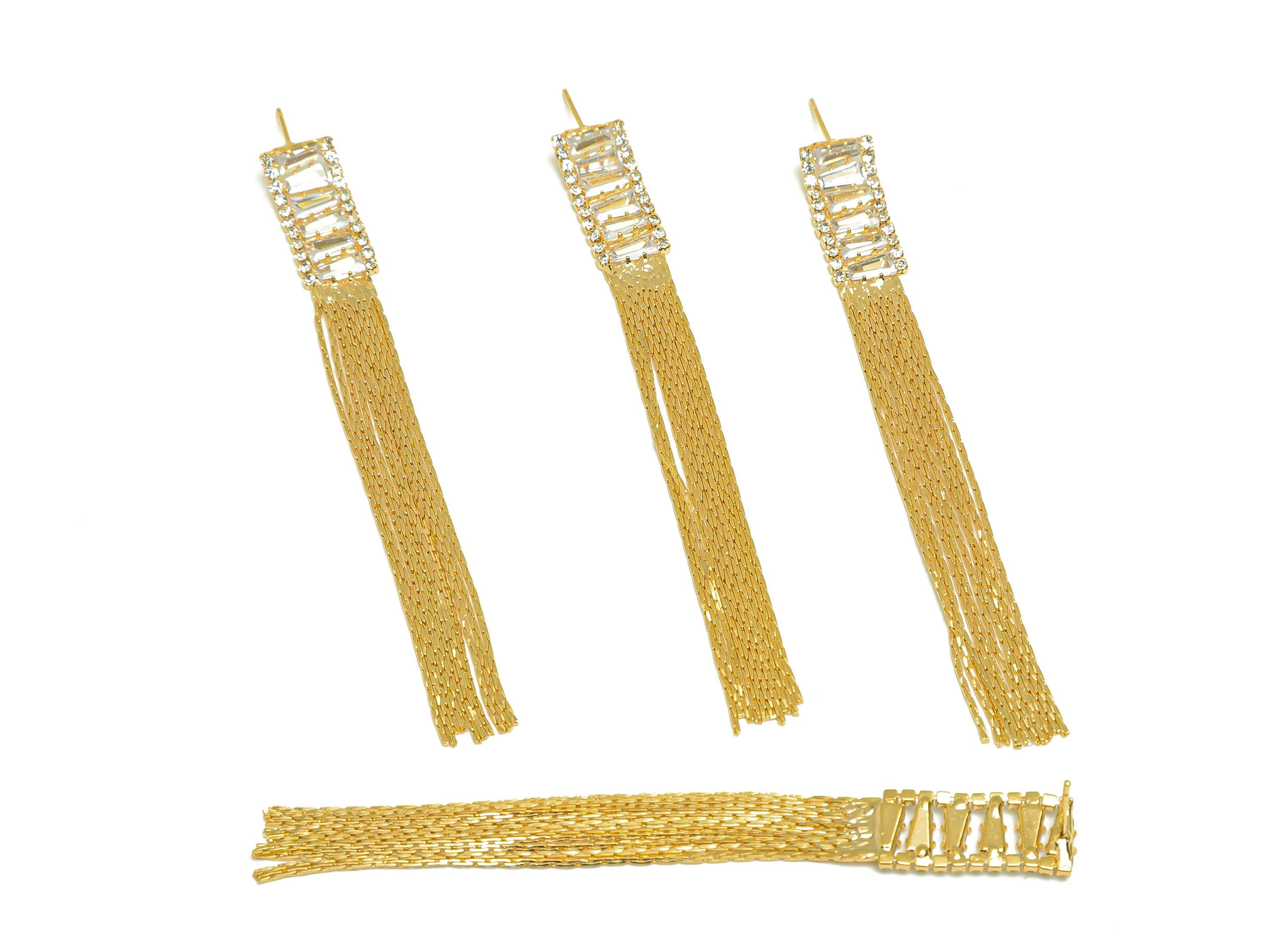 Brass Tassel Earring Stud - Trapezoid Tassel Wire Earring Post - Zircon Snake Chian Earring Post - 18K Real Gold Plated - 90x9x2mm -RGP7505 - DOMEDBAZAAR
