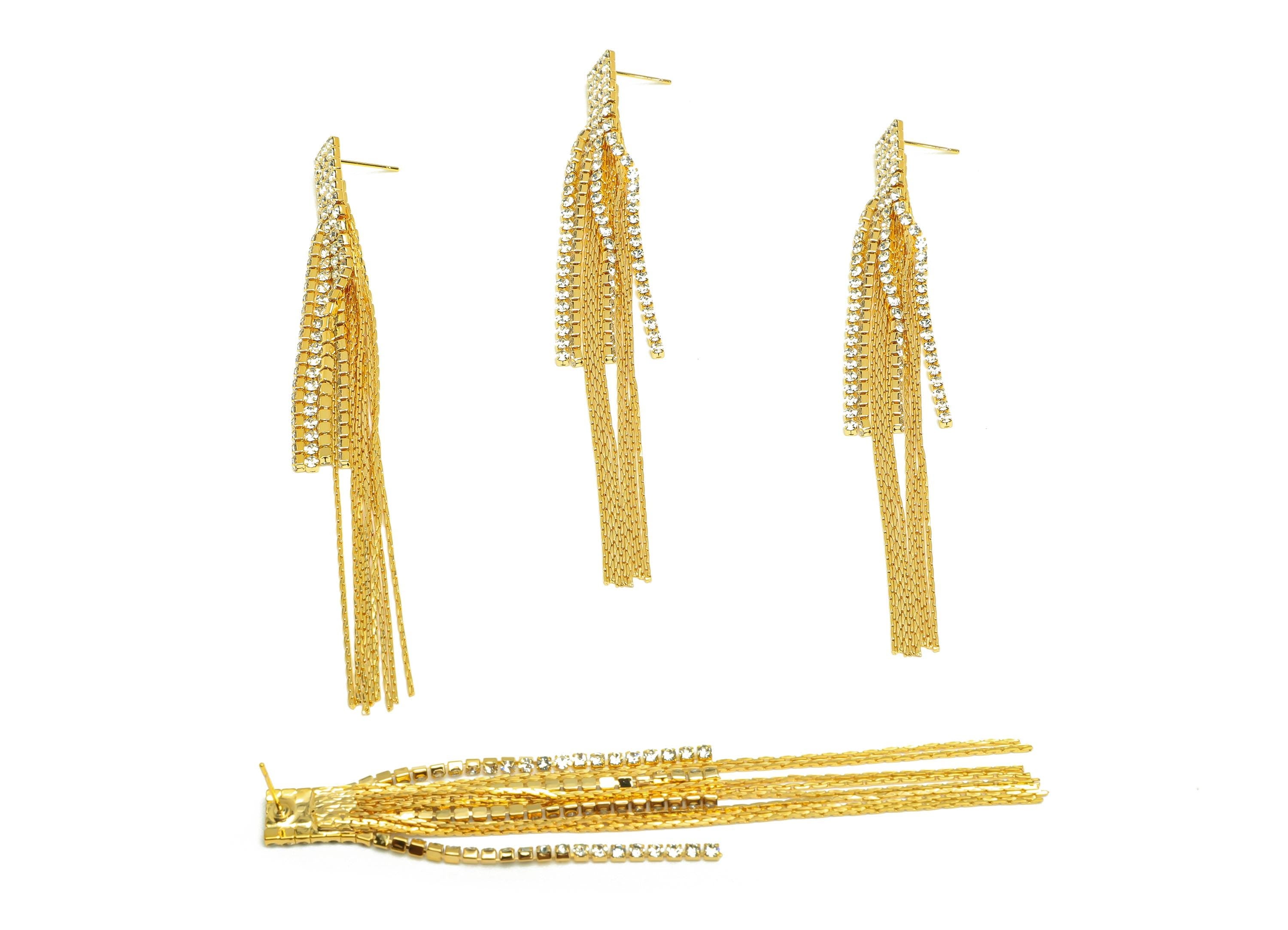 Brass Tassel Earring Stud - Rectangle Tassel Wire Earring Post - Zircon Snake Chian Earring Post - 18K Real Gold Plated - 90x9x2mm -RGP7522 - DOMEDBAZAAR