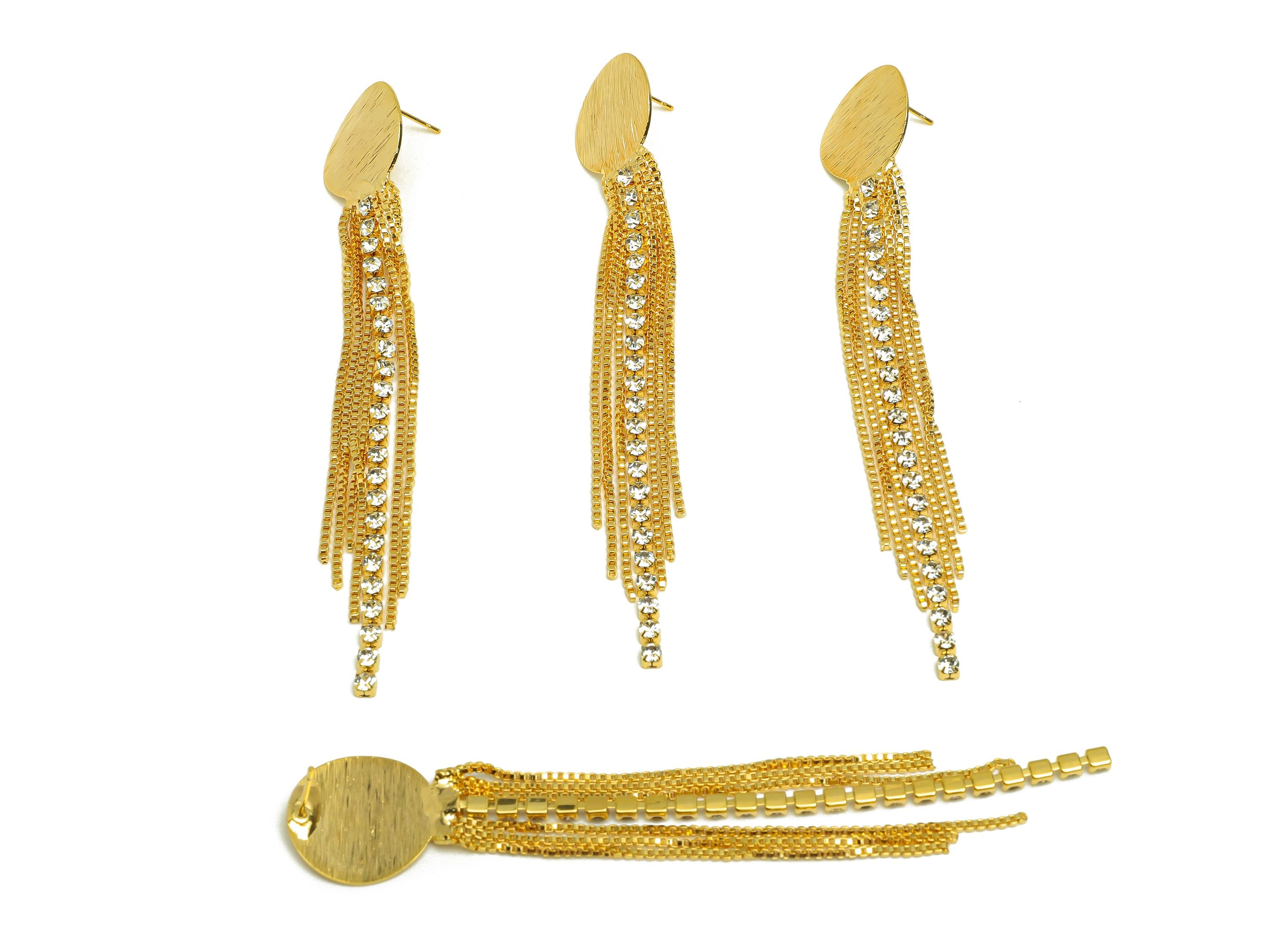 Brass Tassel Earring Stud - Bent Round Tassel Wire Earring Post - Zircon Box Chian Earring Post - 18K Real Gold Plated - 90x9x2mm - RGP7500 - DOMEDBAZAAR