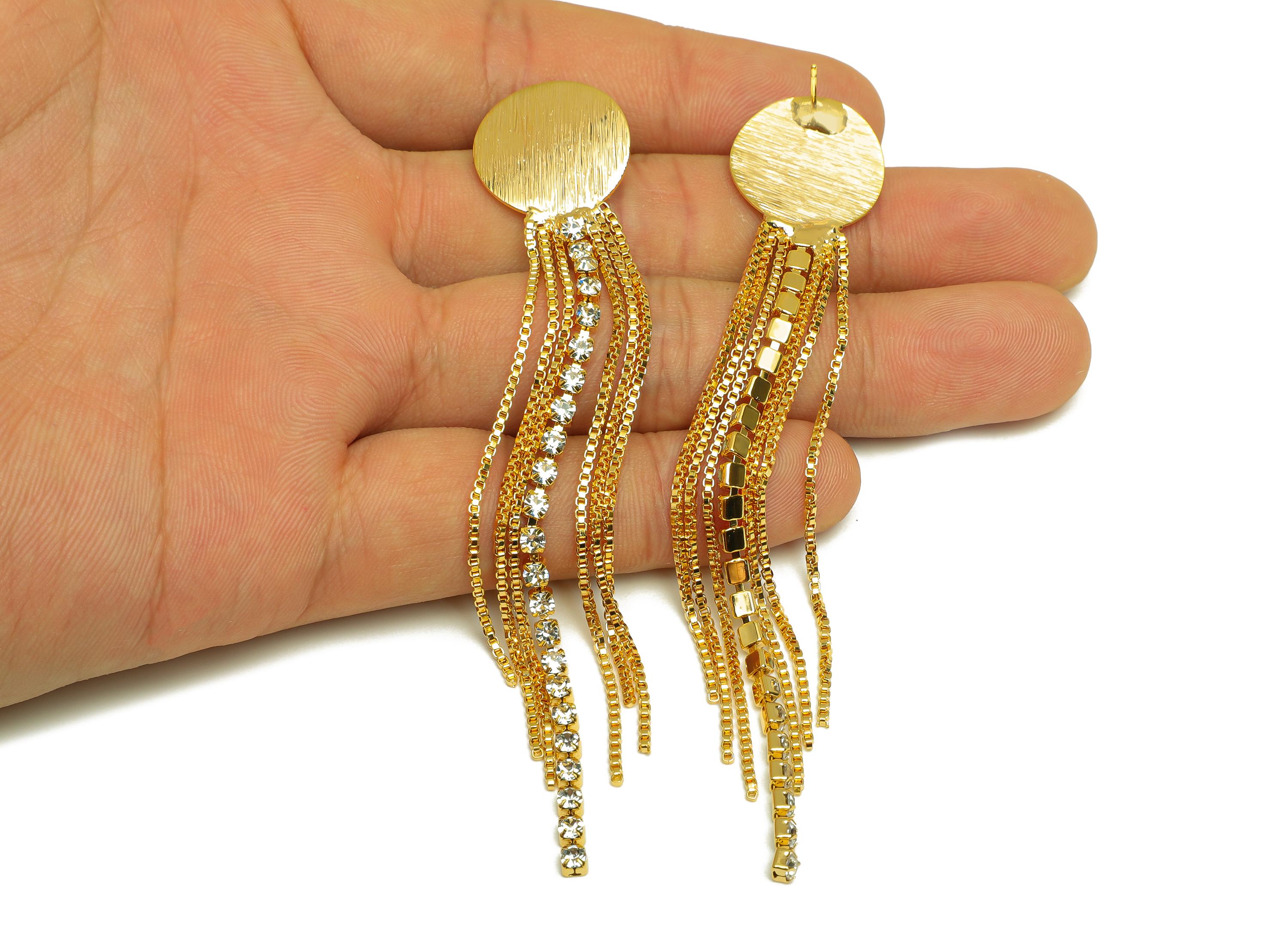Brass Tassel Earring Stud - Bent Round Tassel Wire Earring Post - Zircon Box Chian Earring Post - 18K Real Gold Plated - 90x9x2mm - RGP7500 - DOMEDBAZAAR