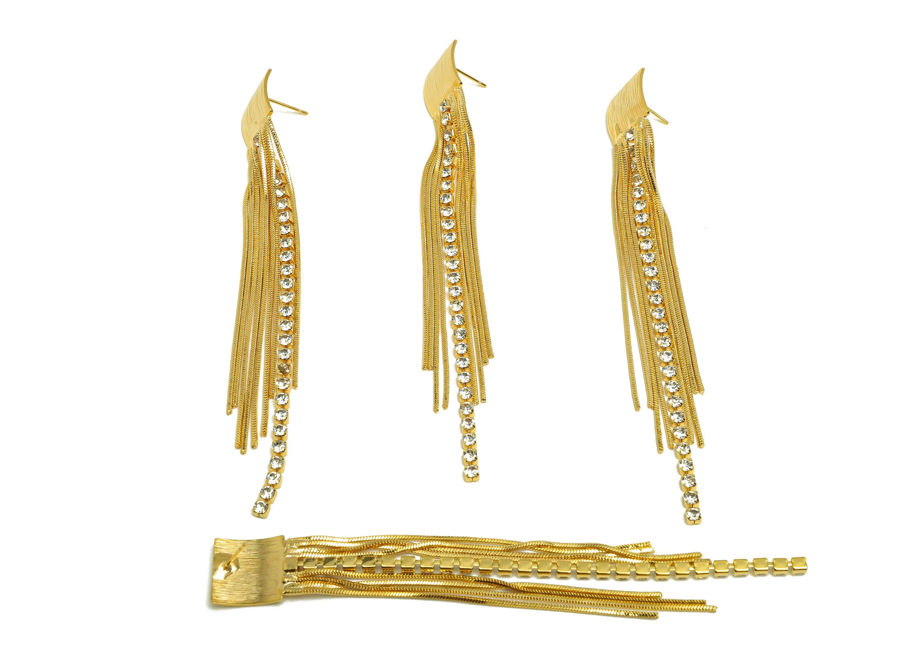 Brass Tassel Earring Stud - Bent Square Tassel Earring Post - Zircon Snake Chian Earring Post - 18K Real Gold Plated - 109x13x1mm - RGP7524 - DOMEDBAZAAR