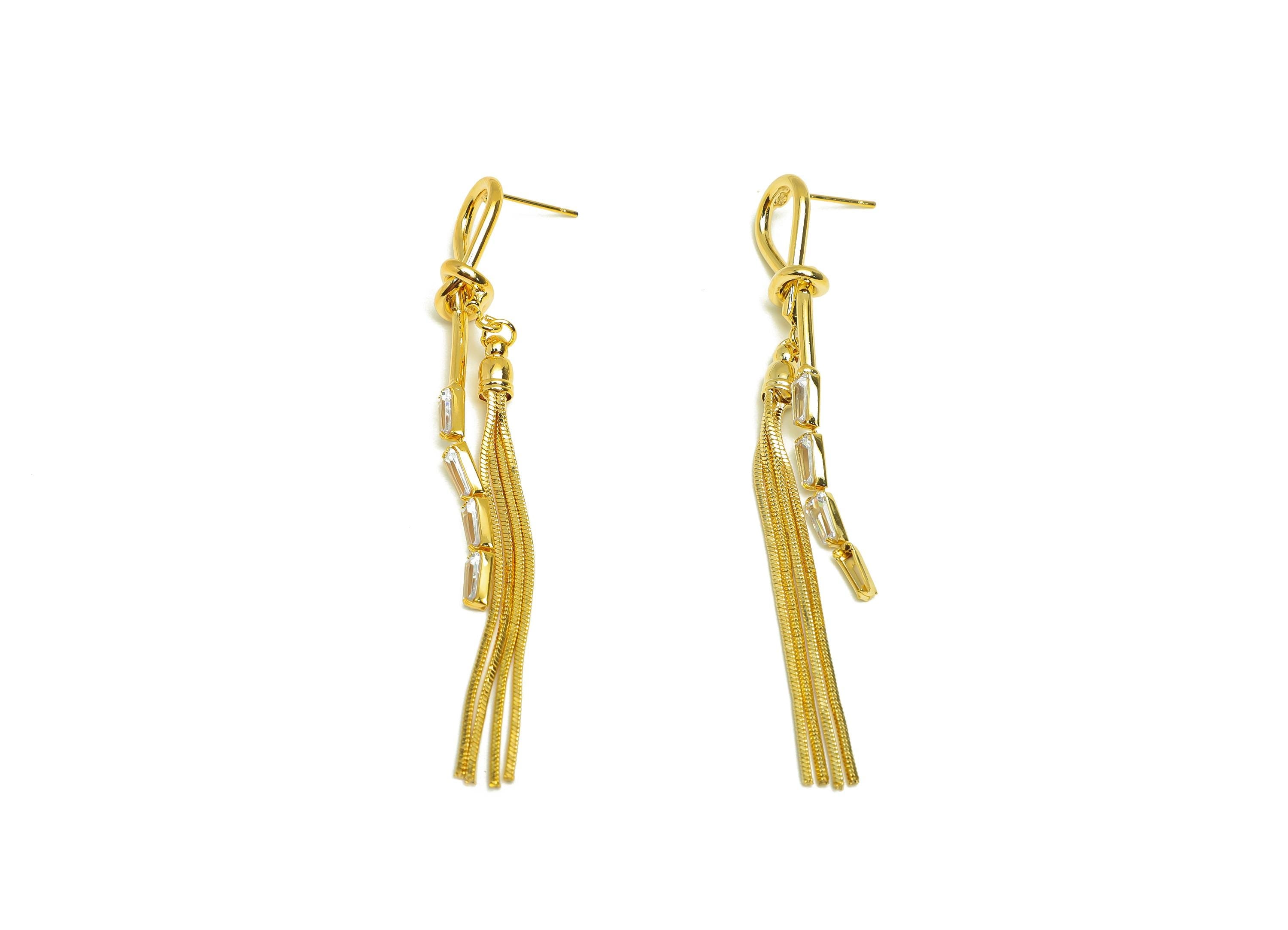 Brass Tassel Earring Stud - Brass Knot Trapezoid CZ Earring Post - Zircon Snake Chian Earring Post - 18K Real Gold Plated -84x10x2mm-RGP7502 - DOMEDBAZAAR