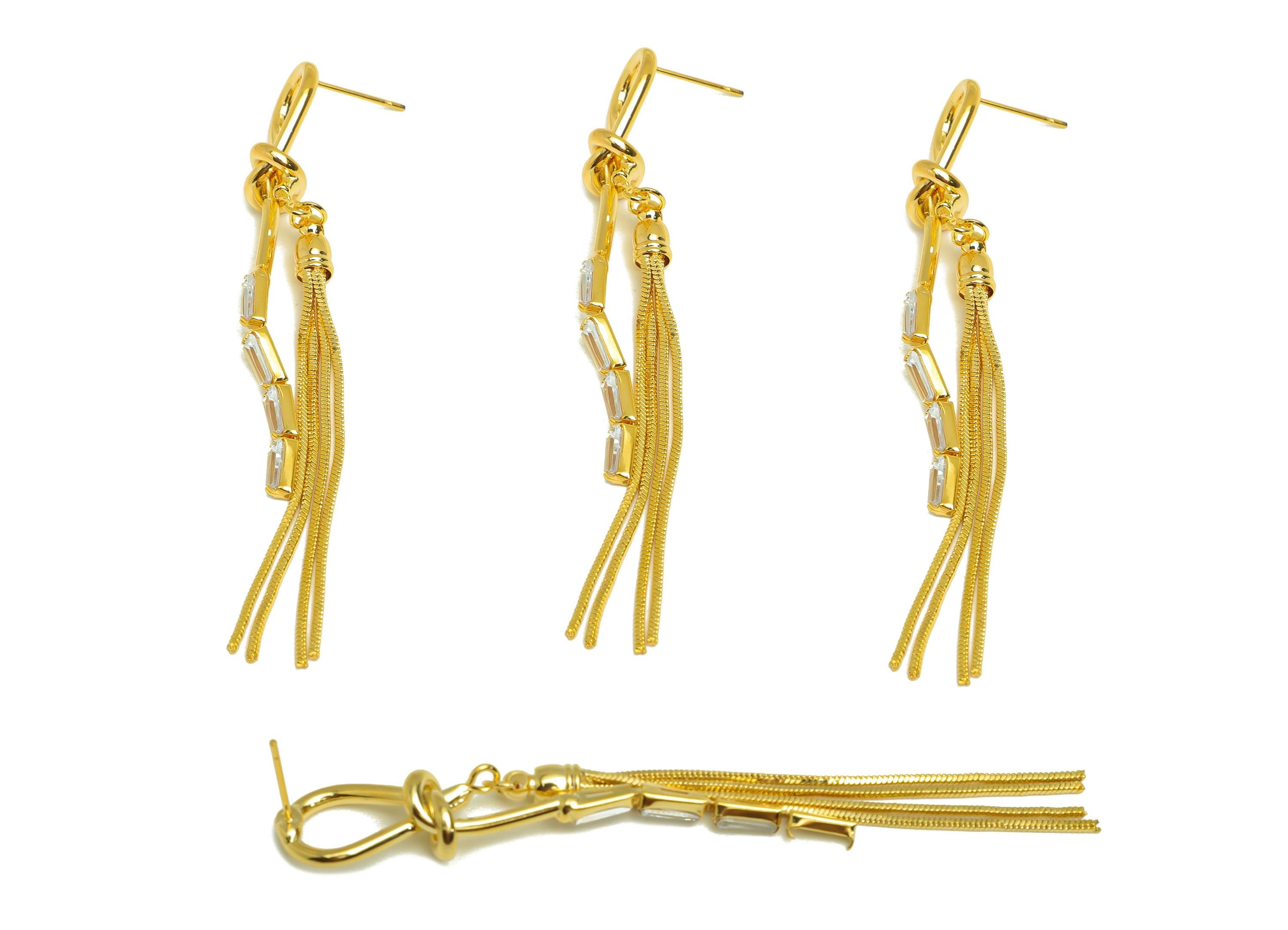 Brass Tassel Earring Stud - Brass Knot Trapezoid CZ Earring Post - Zircon Snake Chian Earring Post - 18K Real Gold Plated -84x10x2mm-RGP7502 - DOMEDBAZAAR