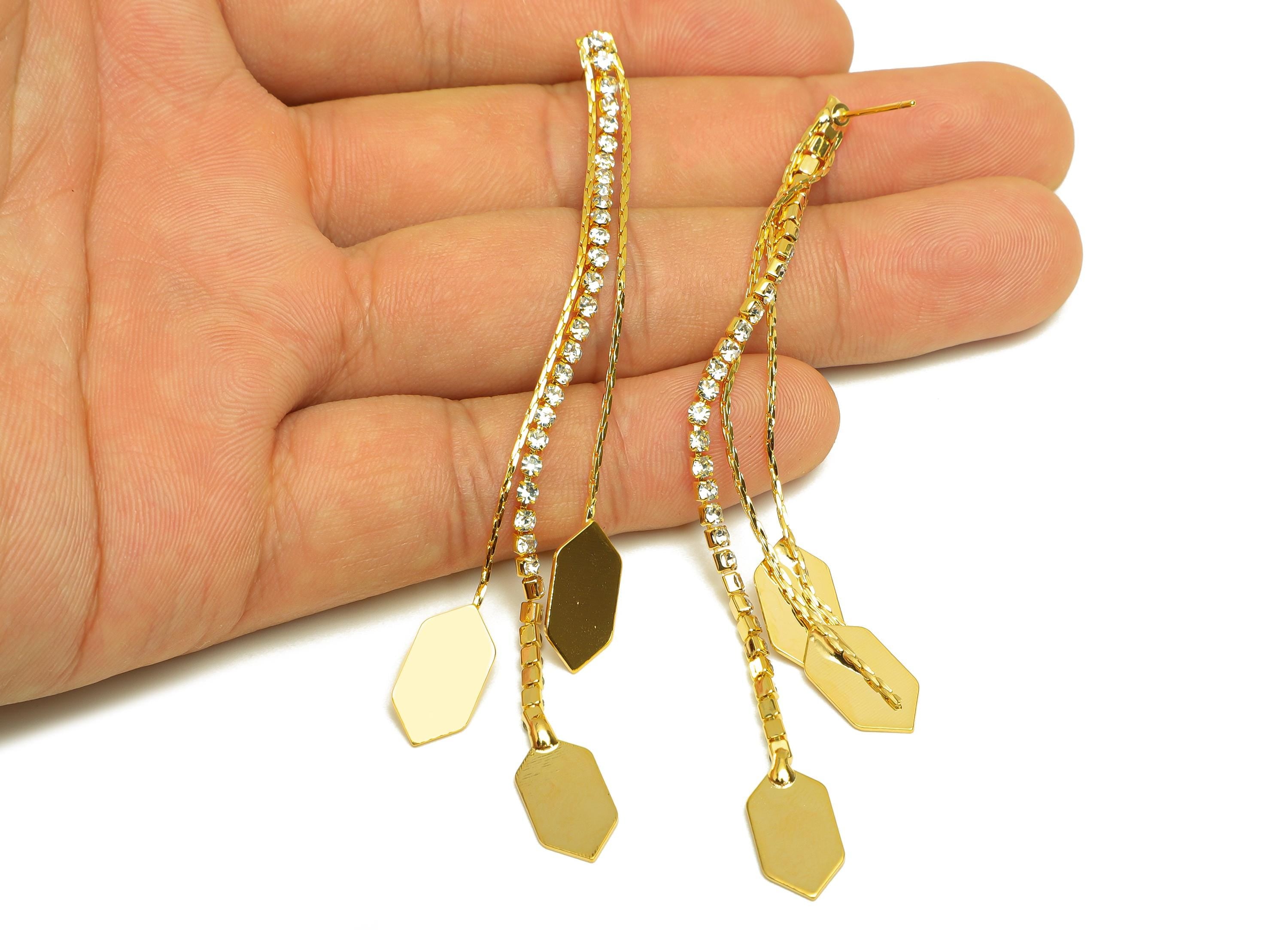Brass Tassel Earring Stud - Brass Hexagon CZ Earring Post - Zircon Snake Chian Earring Post - 18K Real Gold Plated - 95x7x1.87mm - RGP7537 - DOMEDBAZAAR