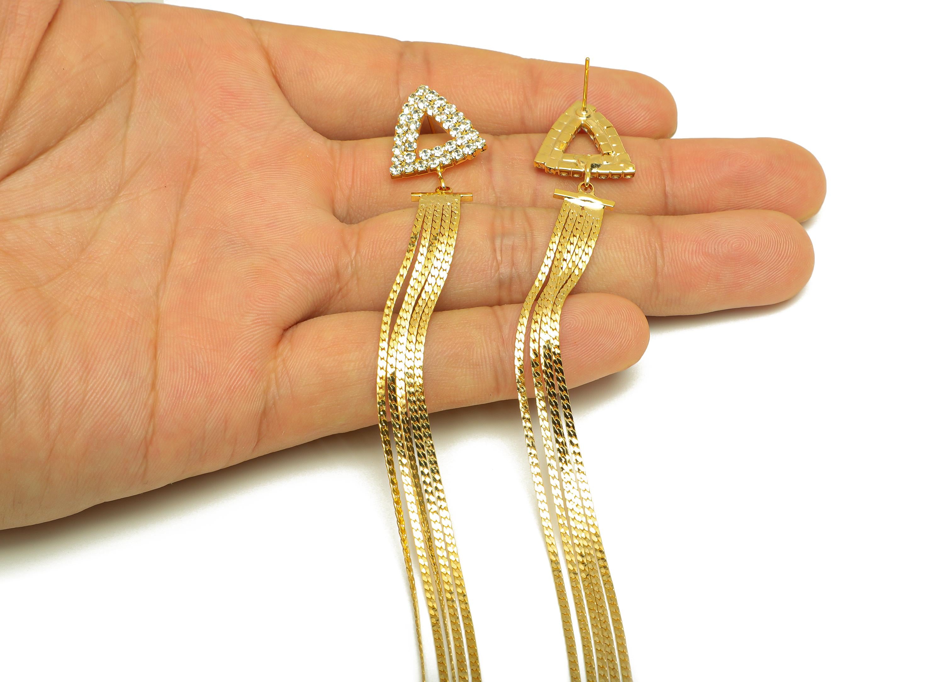 Brass Tassel Earring Stud - Brass CZ Triangle Tassel Earring Post - Zircon Snake Chian Post - 18K Real Gold Plated - 190x16x2.17mm - RGP7510 - DOMEDBAZAAR