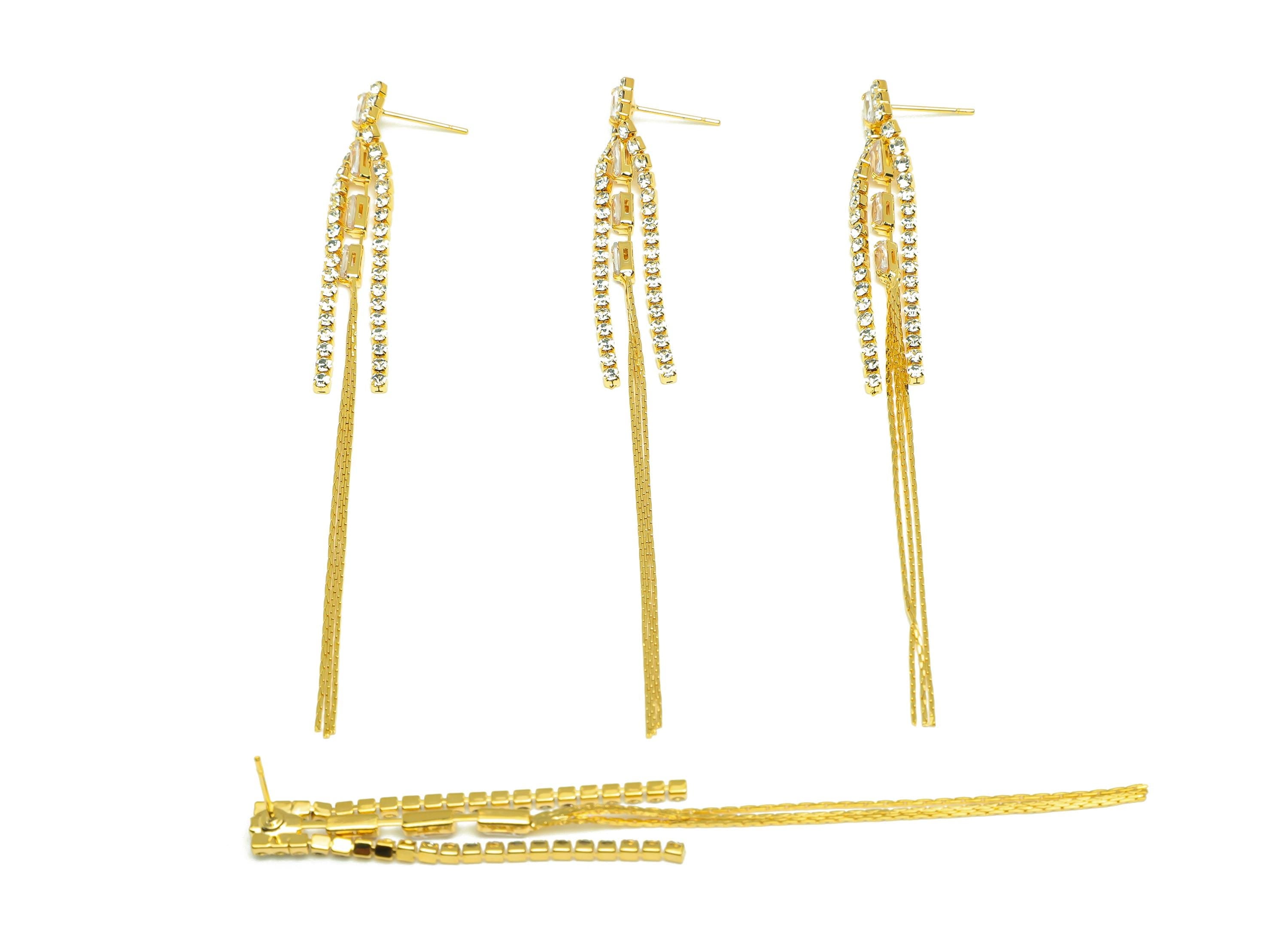 Brass Tassel Earring Stud - Brass Rectangle CZ Earring Post - Zircon Snake Chian Earring Post - 18K Real Gold Plated - 100x6x3mm - RGP7526 - DOMEDBAZAAR