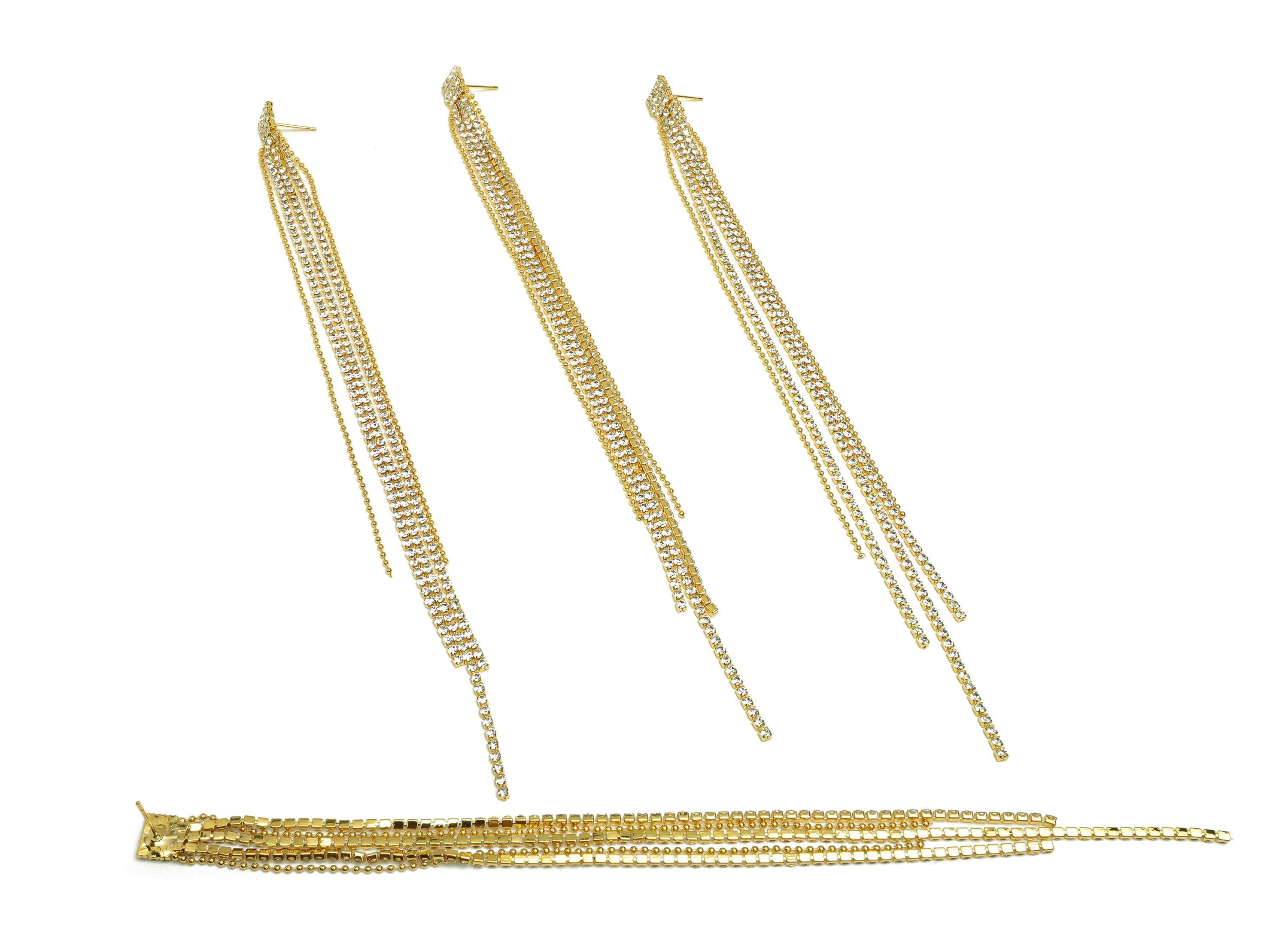 Brass Tassel Earring Stud - Brass Square CZ Earring Post - Brass Cubic Zircon Tassel Earring Post - 18K Real Gold Plated - 190x8x2mm-RGP7513 - DOMEDBAZAAR