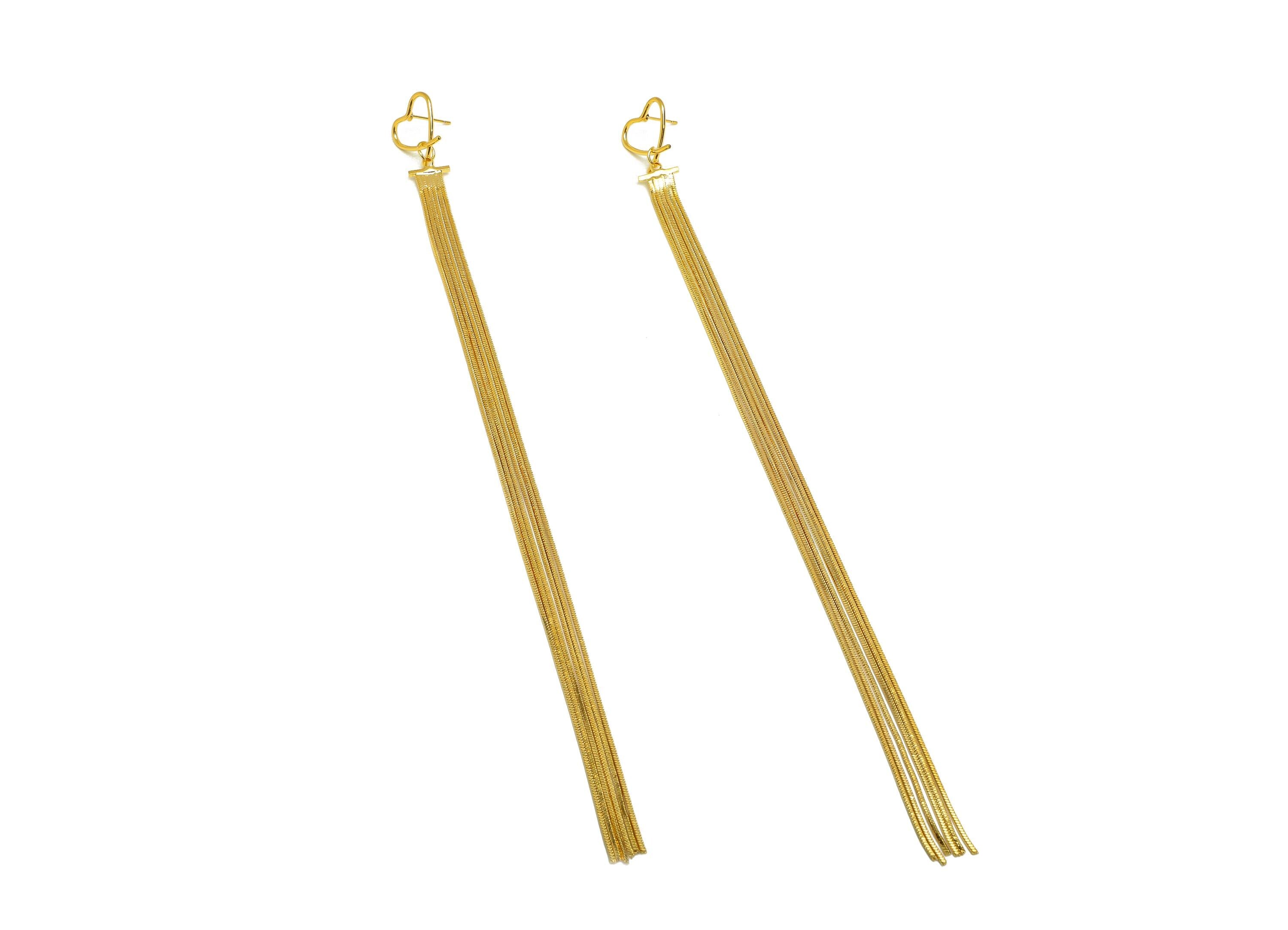 Brass Tassel Earring Stud - Brass Heart Tassel Earring Post - Heart Wire Snake Chain Post - 18K Real Gold Plated - 160x15x1mm - RGP7504 - DOMEDBAZAAR