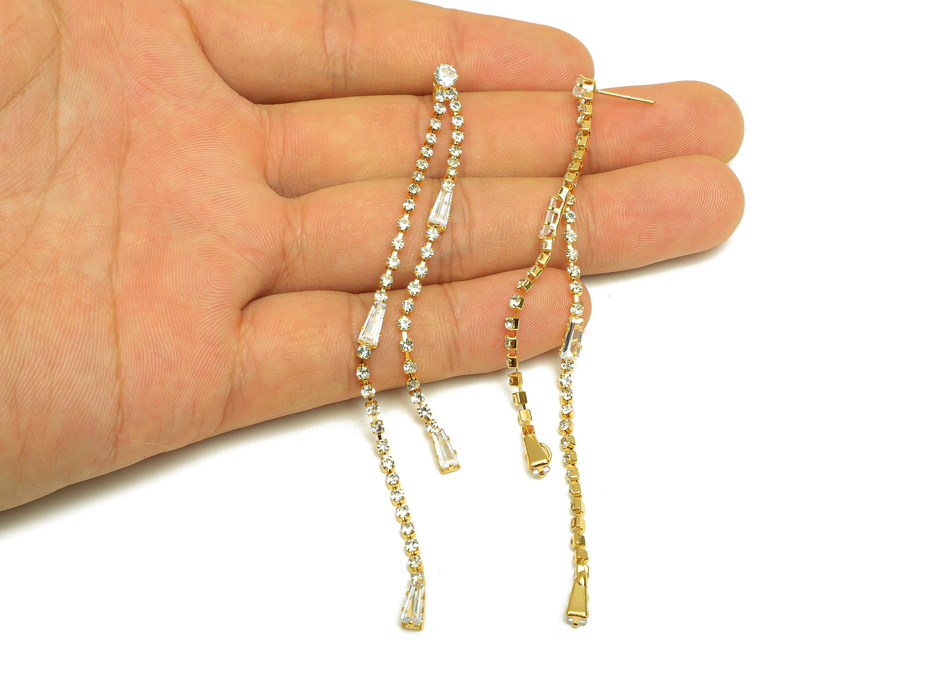 Brass Tassel Earring Stud - Brass CZ Trapezoid Tassel Earring Post - Cubic Zircon Tassel Post - 18K Real Gold Plated - 105x4x3.5mm - RGP7495 - DOMEDBAZAAR