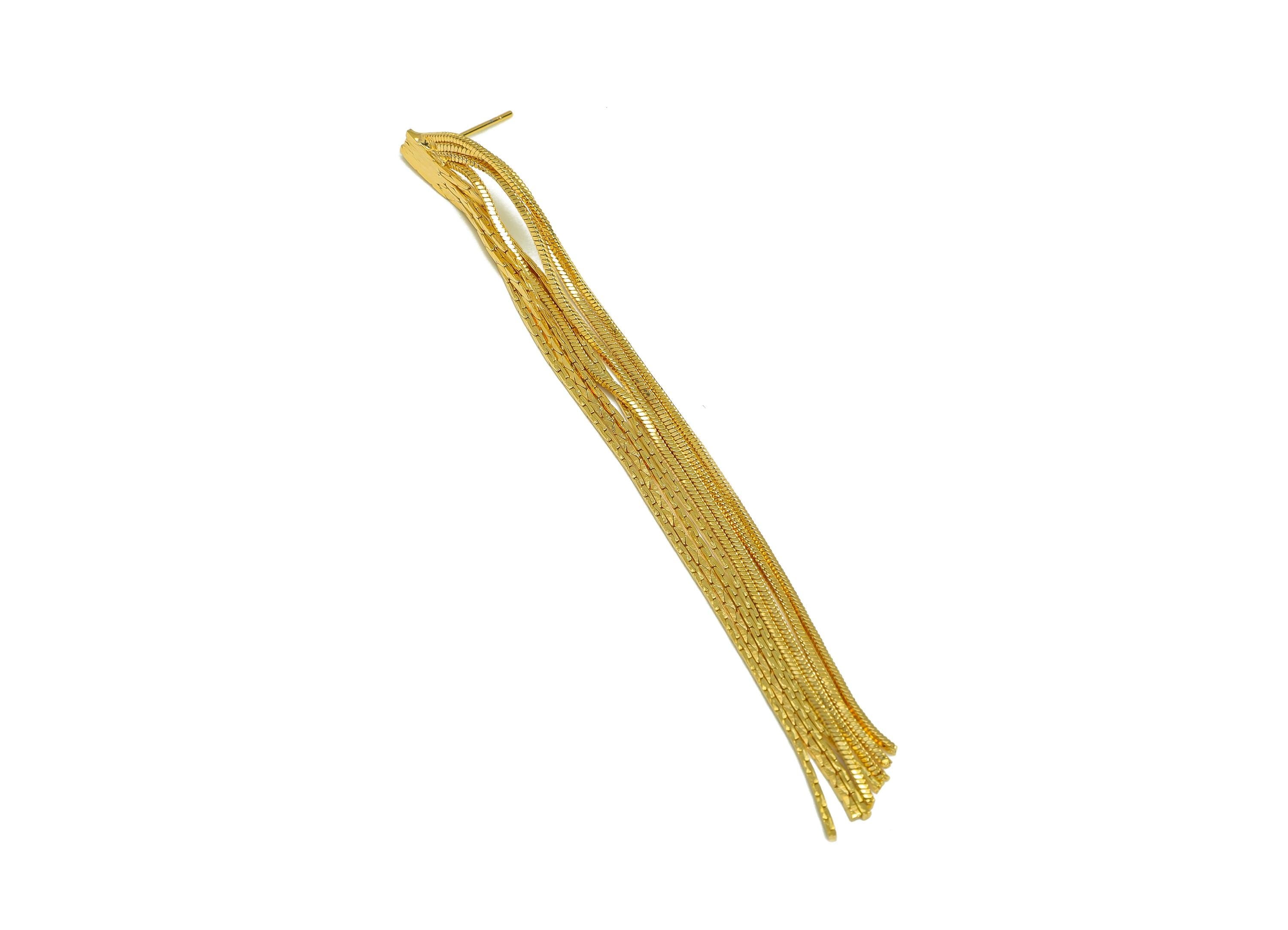 Brass Tassel Earring Stud - Brass Tassel Earring Post - Brass Snake Chian Tassel Earring Post - 18K Real Gold Plated - 100x7x1.68mm -RGP7527 - DOMEDBAZAAR