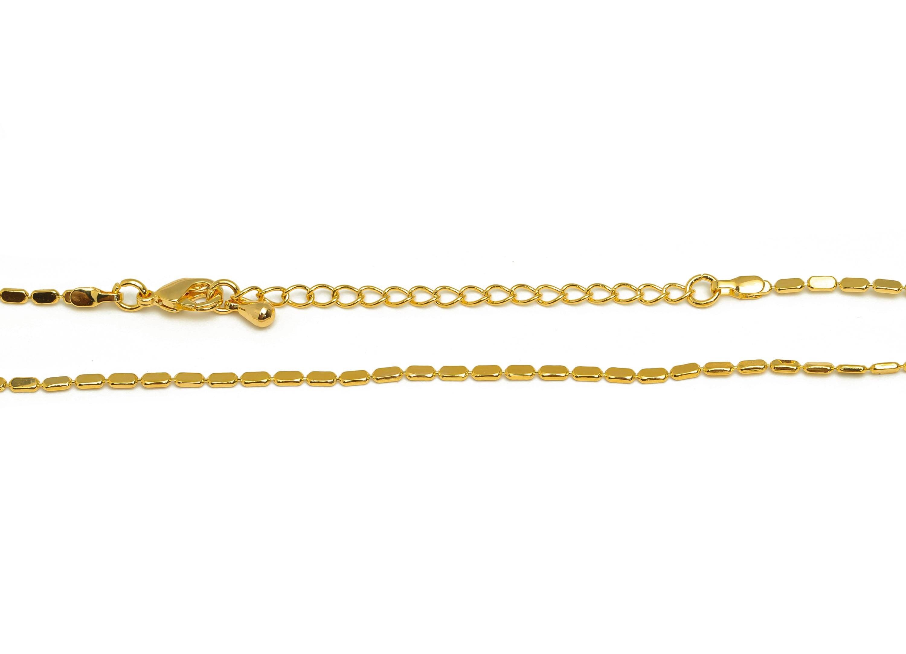 3.2x1.5mm Beaded Finished Chain - Gold 42.5+6cm Beaded Chain - Brass Flat Rectangular Bead Chain -For Necklace-18K Real Gold Plating-RGP7471 - DOMEDBAZAAR