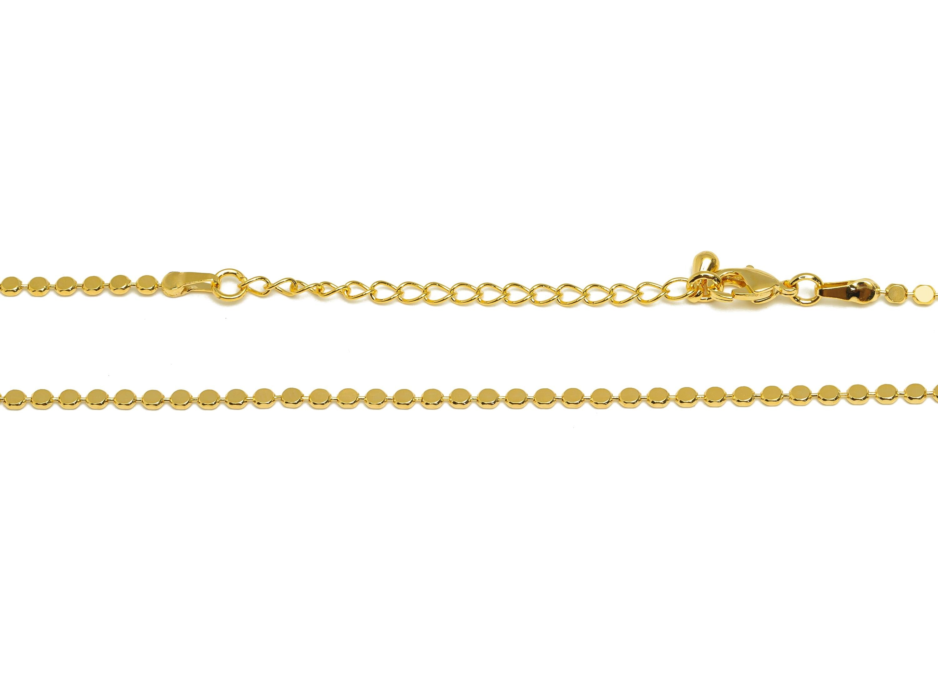 2mm Finished Flat Ball Chain - Gold 42.5+6cm Beaded Chain Pellet - Brass Flat Round Chain - For Necklace - 18K Real Gold Plating - RGP7477 - DOMEDBAZAAR
