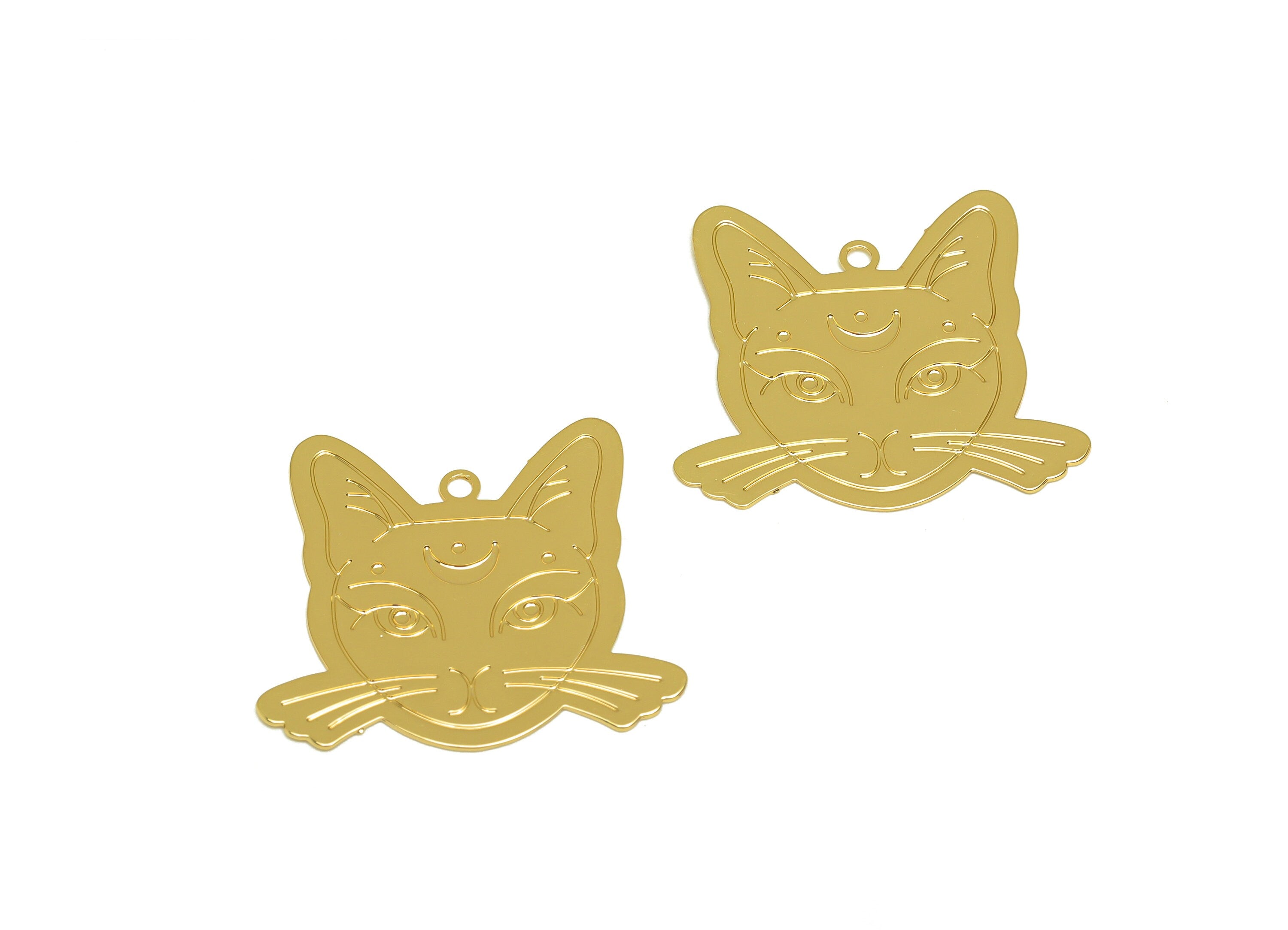 Brass Cat Earring Charm - Brass Crescent Cat Earring Charm - Brass Animal Pendant - 18K Real Gold Plating - 22.52x25.08x0.36mm - RGP7170 - DOMEDBAZAAR